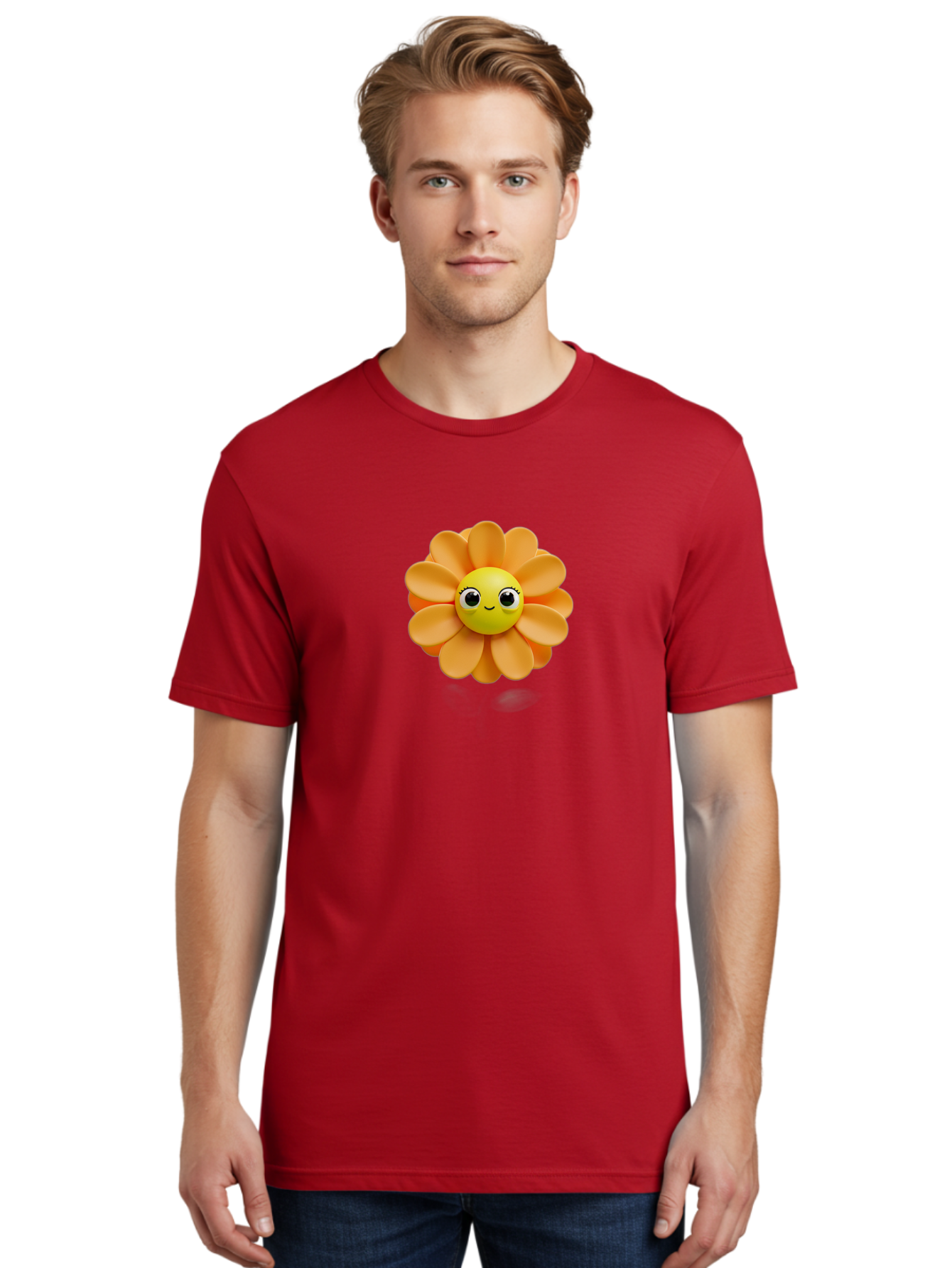 Smiling-Flower-Emoji Men'S Graphic Tee, 100% Cotton, Comfortable Casual Summer Wear, Machine Washable, Smiling Flower, Yellow Center, Orange Petals, Cute Emoji, Happy Face, Cartoon Flower, Vibrant Colors, Playful Design, 3D Rendering, Bac427