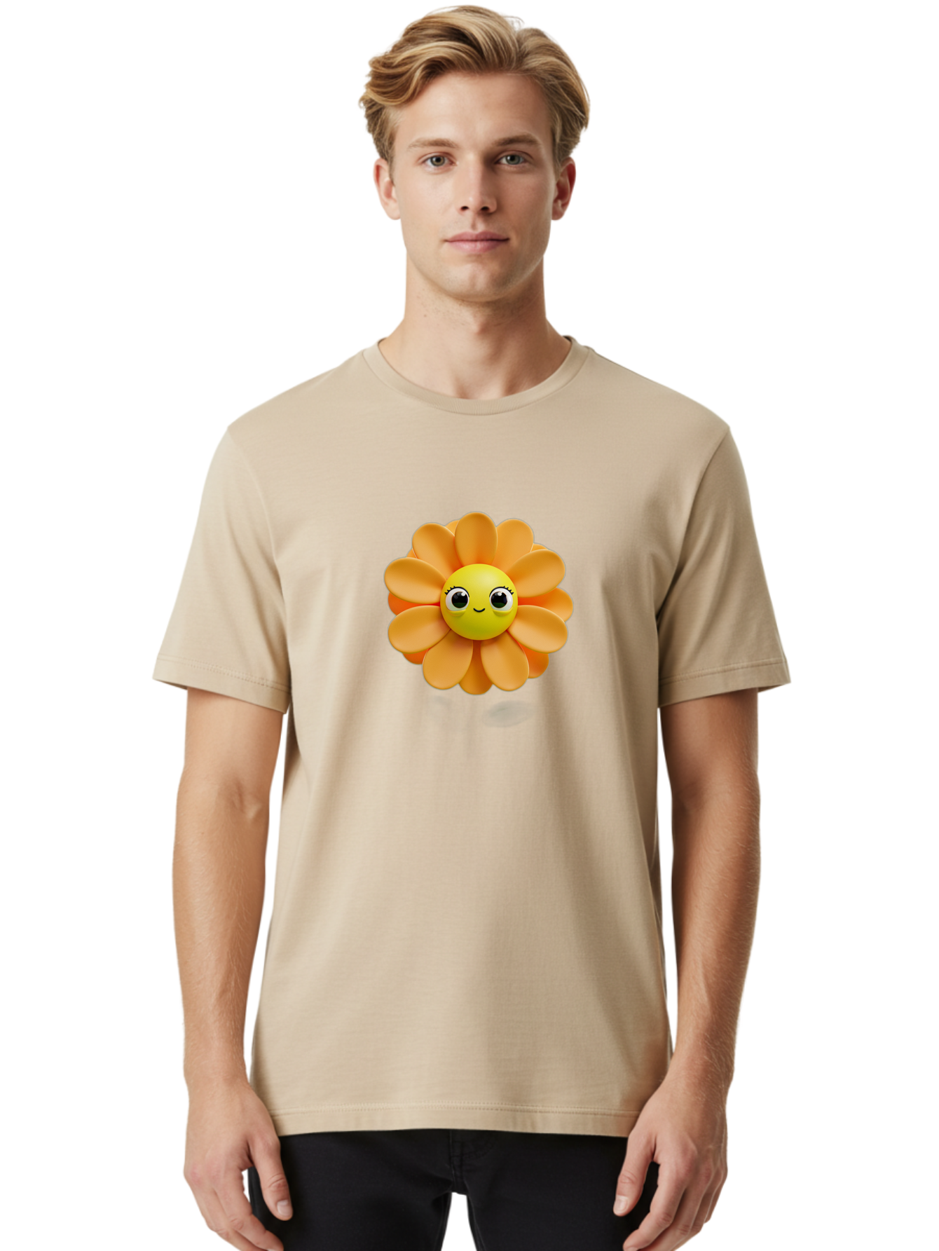 Smiling-Flower-Emoji Men'S Graphic Tee, 100% Cotton, Comfortable Casual Summer Wear, Machine Washable, Smiling Flower, Yellow Center, Orange Petals, Cute Emoji, Happy Face, Cartoon Flower, Vibrant Colors, Playful Design, 3D Rendering, Bac427