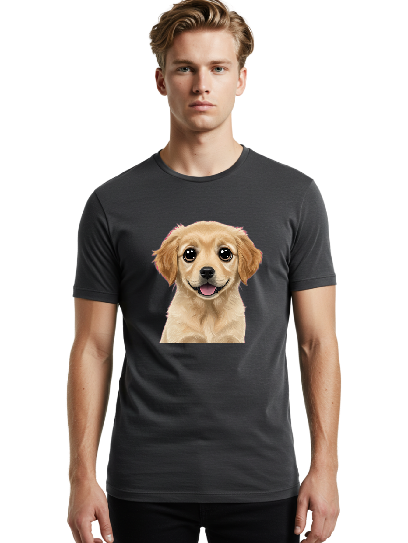 Smiling-Golden-Puppy Men'S Graphic Tee, 100% Cotton, Comfortable Casual Summer Wear, Machine Washable, Friendly Dog, Happy Puppy, Golden Retriever, Big Eyes, Playful Expression, Adorable Face, Cute Nose, Smiling Dog, Cartoon Puppy, Lovable Pet Bac428