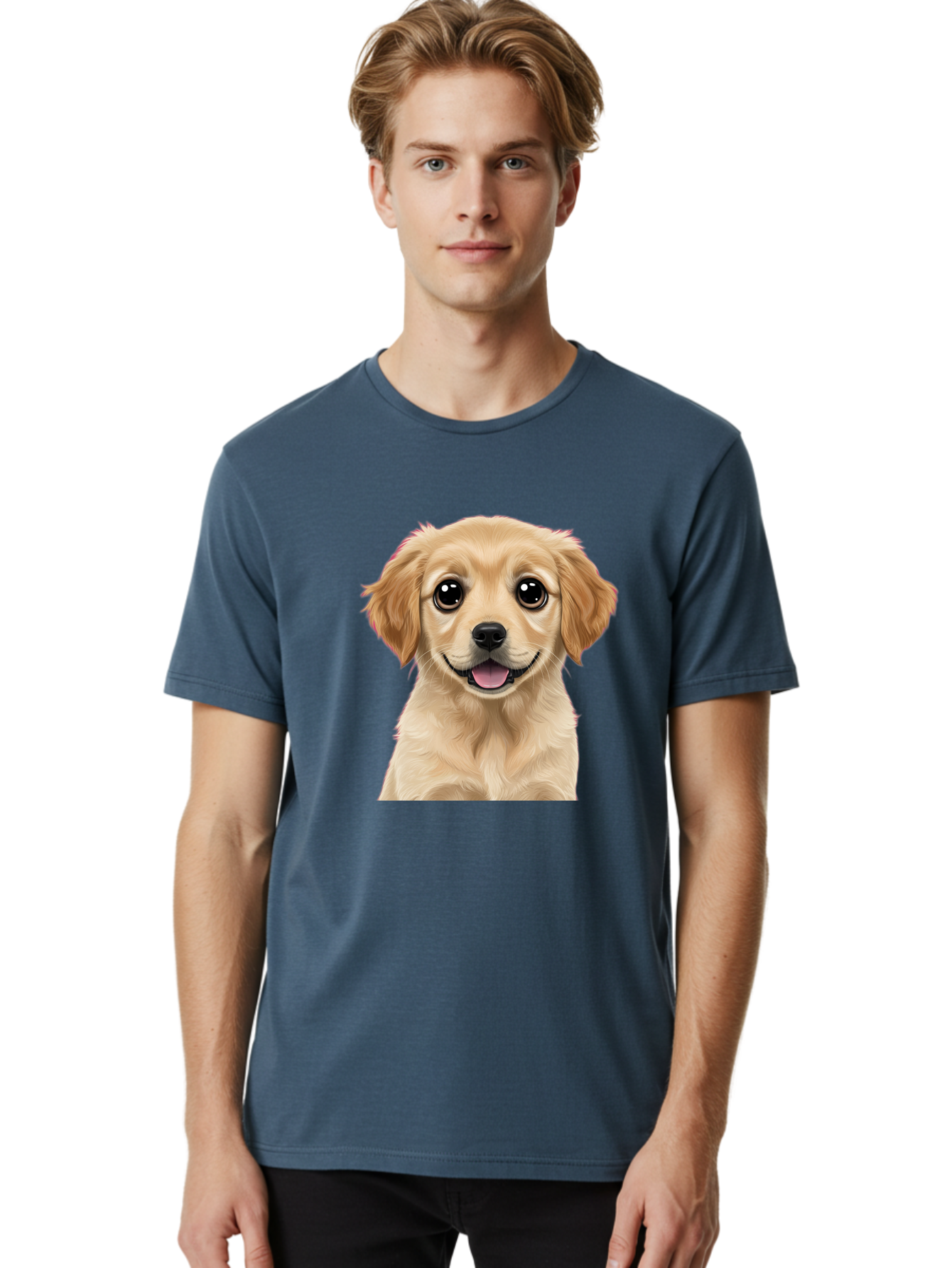Smiling-Golden-Puppy Men'S Graphic Tee, 100% Cotton, Comfortable Casual Summer Wear, Machine Washable, Friendly Dog, Happy Puppy, Golden Retriever, Big Eyes, Playful Expression, Adorable Face, Cute Nose, Smiling Dog, Cartoon Puppy, Lovable Pet Bac428