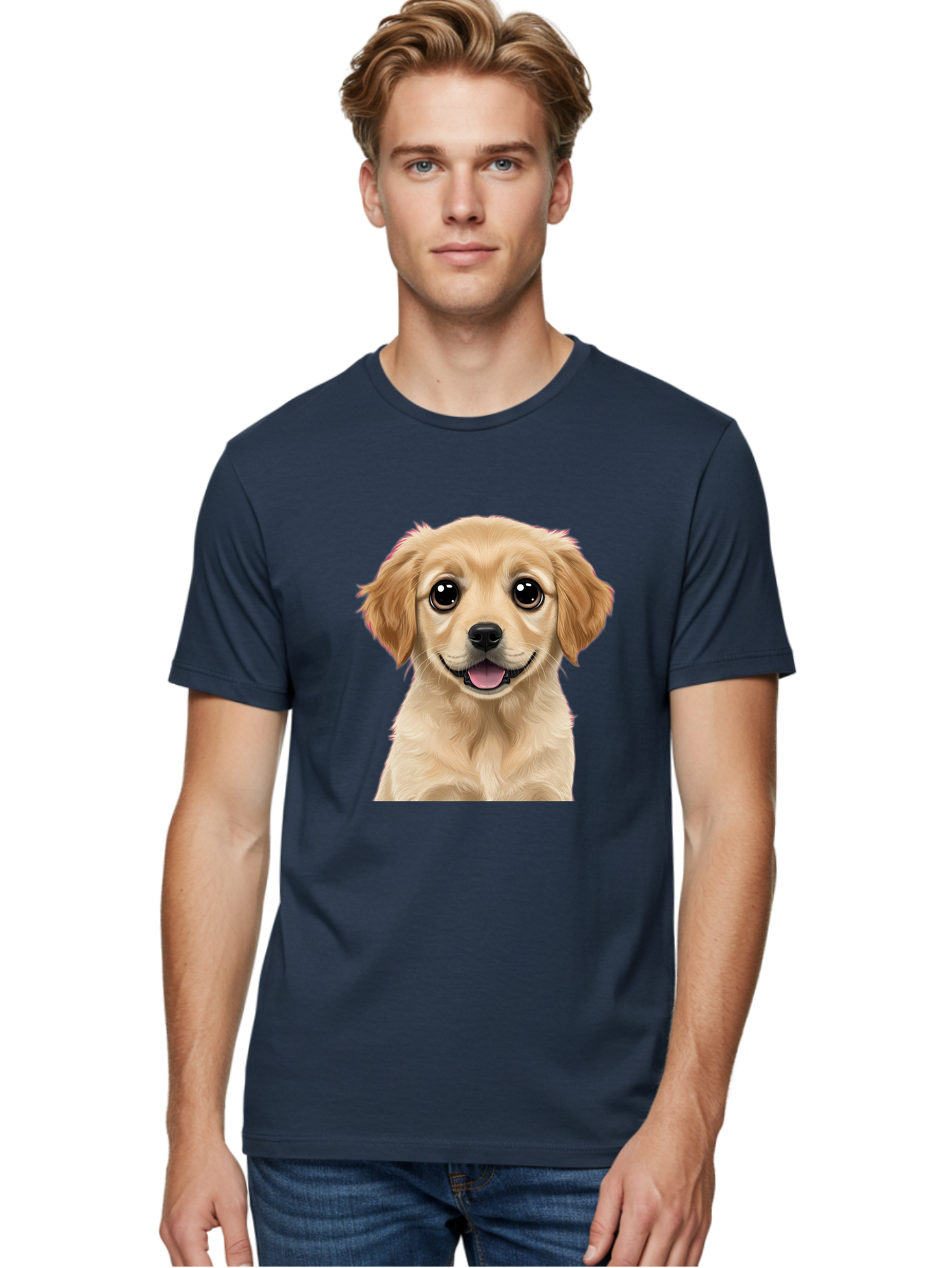 Smiling-Golden-Puppy Men'S Graphic Tee, 100% Cotton, Comfortable Casual Summer Wear, Machine Washable, Friendly Dog, Happy Puppy, Golden Retriever, Big Eyes, Playful Expression, Adorable Face, Cute Nose, Smiling Dog, Cartoon Puppy, Lovable Pet Bac428