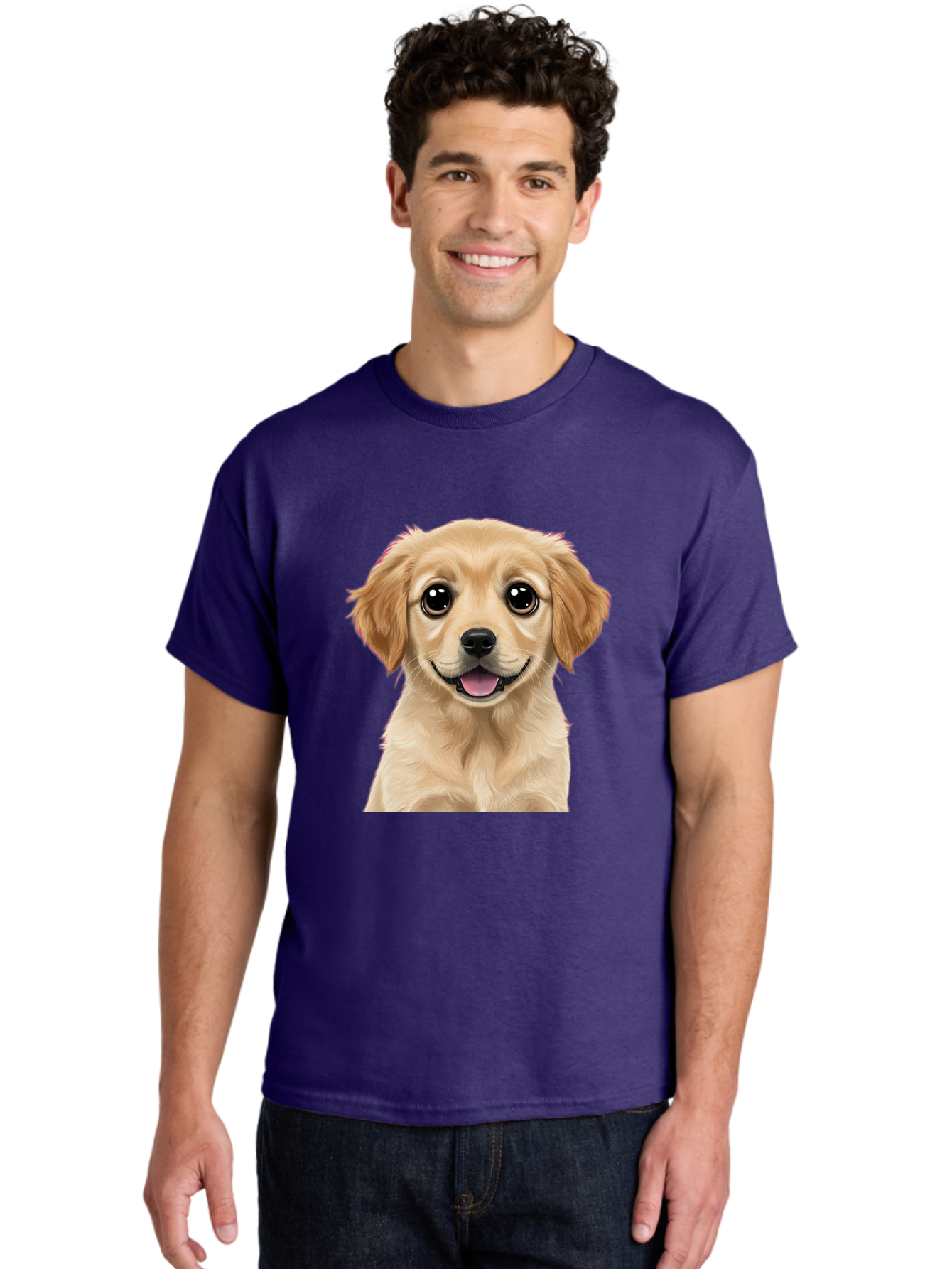 Smiling-Golden-Puppy Men'S Graphic Tee, 100% Cotton, Comfortable Casual Summer Wear, Machine Washable, Friendly Dog, Happy Puppy, Golden Retriever, Big Eyes, Playful Expression, Adorable Face, Cute Nose, Smiling Dog, Cartoon Puppy, Lovable Pet Bac428