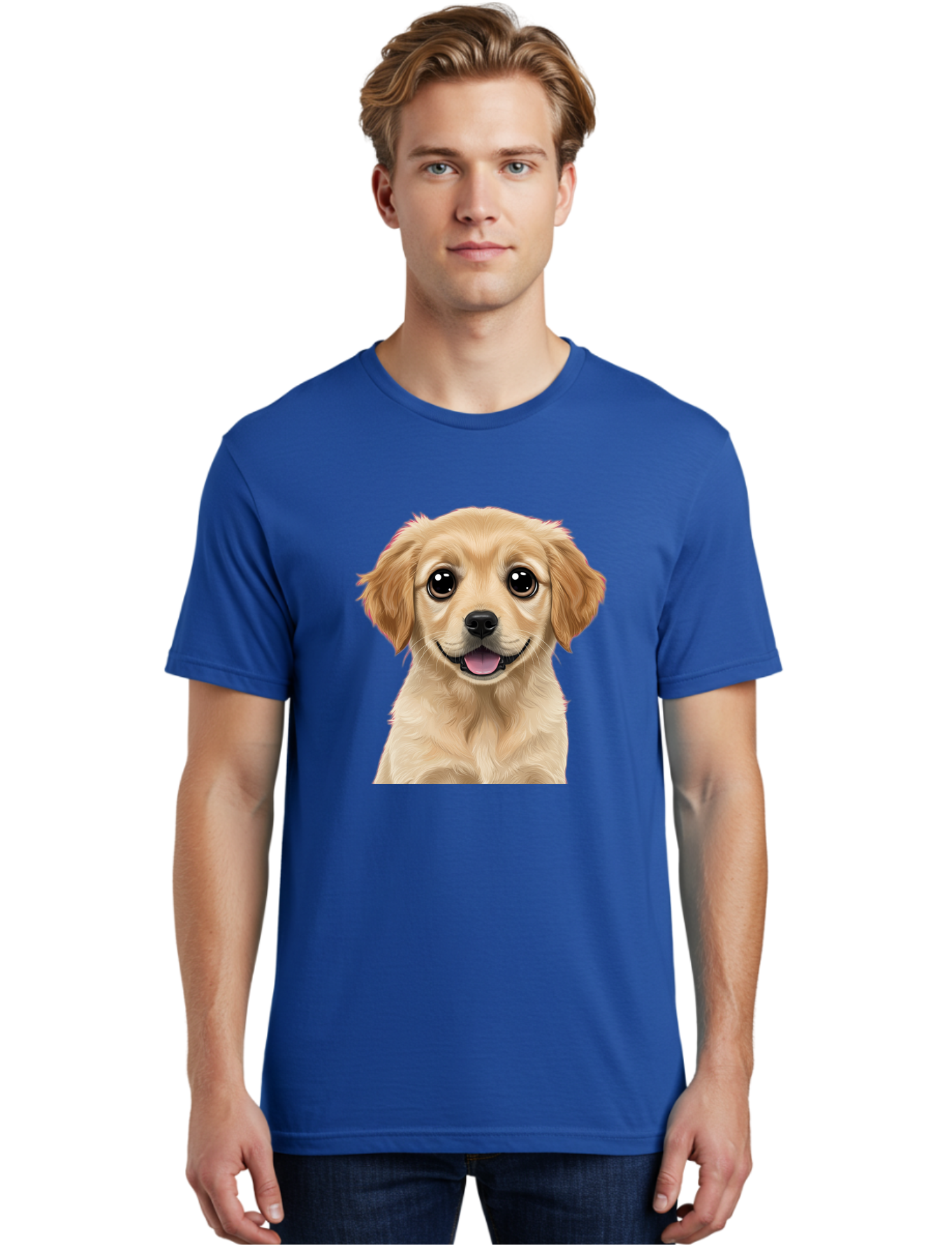 Smiling-Golden-Puppy Men'S Graphic Tee, 100% Cotton, Comfortable Casual Summer Wear, Machine Washable, Friendly Dog, Happy Puppy, Golden Retriever, Big Eyes, Playful Expression, Adorable Face, Cute Nose, Smiling Dog, Cartoon Puppy, Lovable Pet Bac428