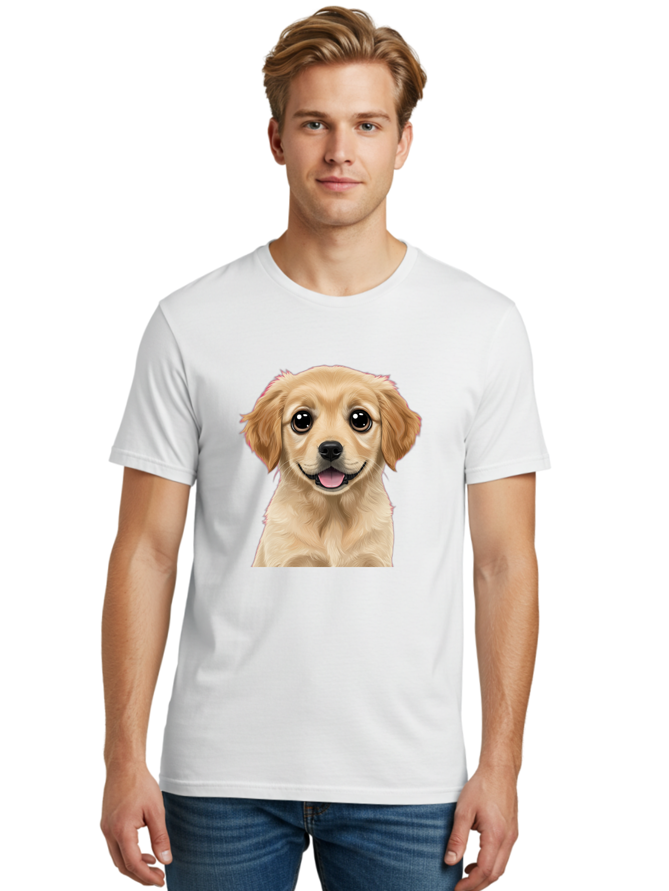 Smiling-Golden-Puppy Men'S Graphic Tee, 100% Cotton, Comfortable Casual Summer Wear, Machine Washable, Friendly Dog, Happy Puppy, Golden Retriever, Big Eyes, Playful Expression, Adorable Face, Cute Nose, Smiling Dog, Cartoon Puppy, Lovable Pet Bac428