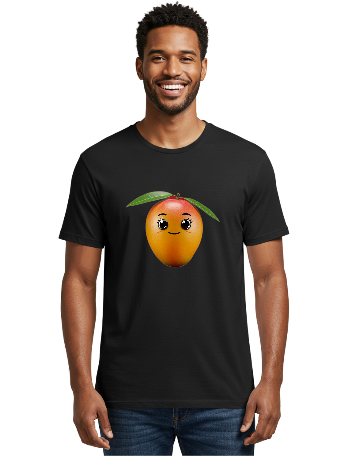 Smiling-Mango Men'S Graphic Tee, 100% Cotton, Comfortable Casual Summer Wear, Machine Washable, Cartoon Mango, Mangoes, Cheerful Fruit, Adorable Character, Smiling Face, Cute Eyes, Vibrant Orange, Whimsical Design, Fun Illustration, Bac429