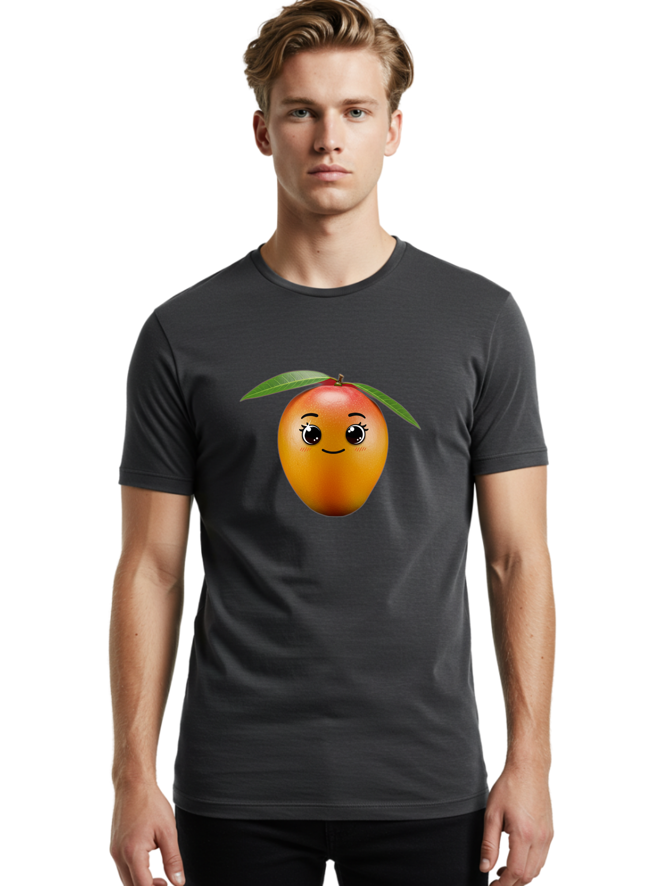 Smiling-Mango Men'S Graphic Tee, 100% Cotton, Comfortable Casual Summer Wear, Machine Washable, Cartoon Mango, Mangoes, Cheerful Fruit, Adorable Character, Smiling Face, Cute Eyes, Vibrant Orange, Whimsical Design, Fun Illustration, Bac429