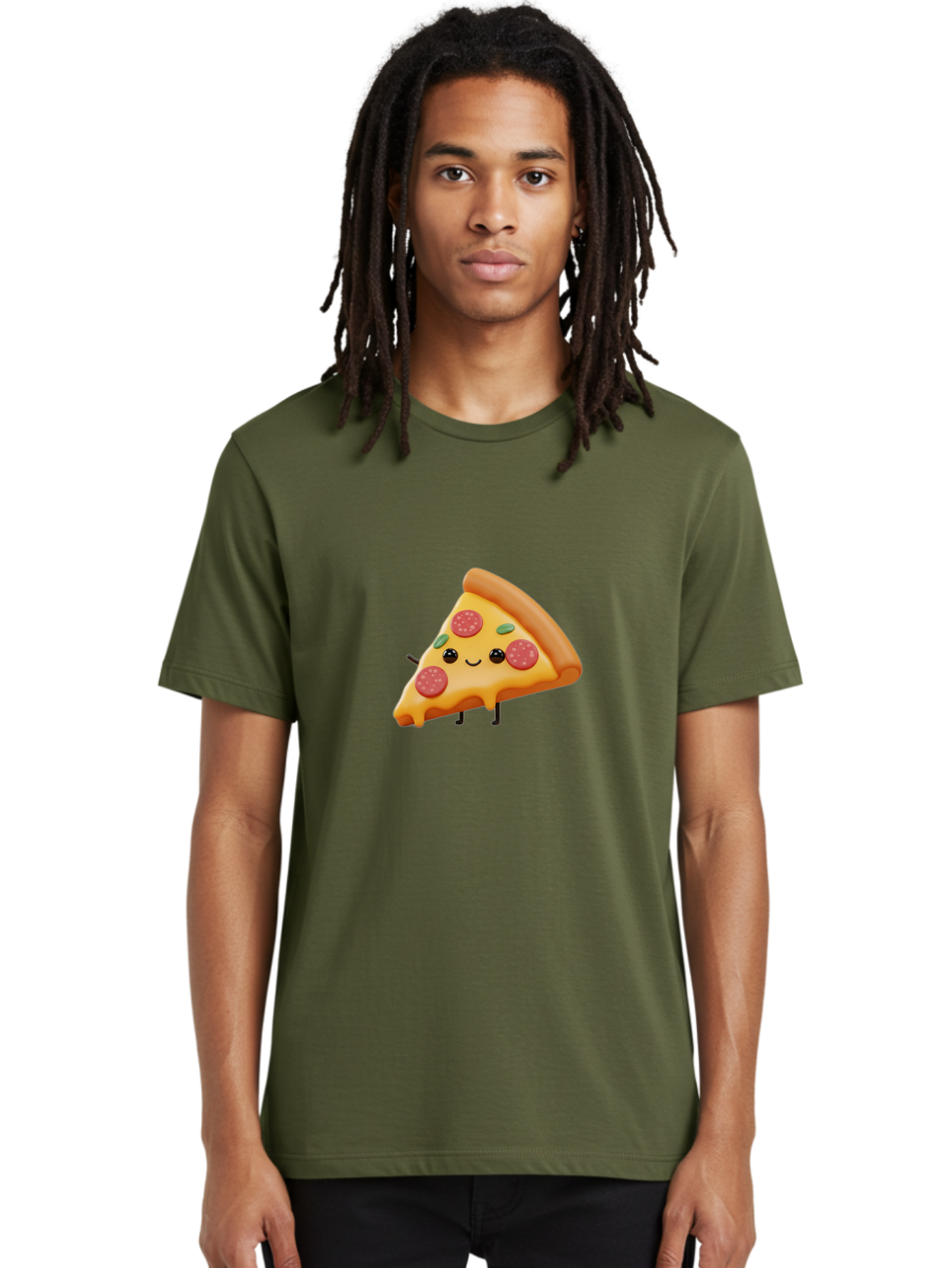 Smiling-Pizza-Slice Men'S Graphic Tee, 100% Cotton, Comfortable Casual Summer Wear, Machine Washable, Pepperoni Pizza Slice, Cartoon Character, Cheesy Goodness, Melted Cheese, Green Olives, Funny Face, Animated Food, Cartoon Pizza Bac430
