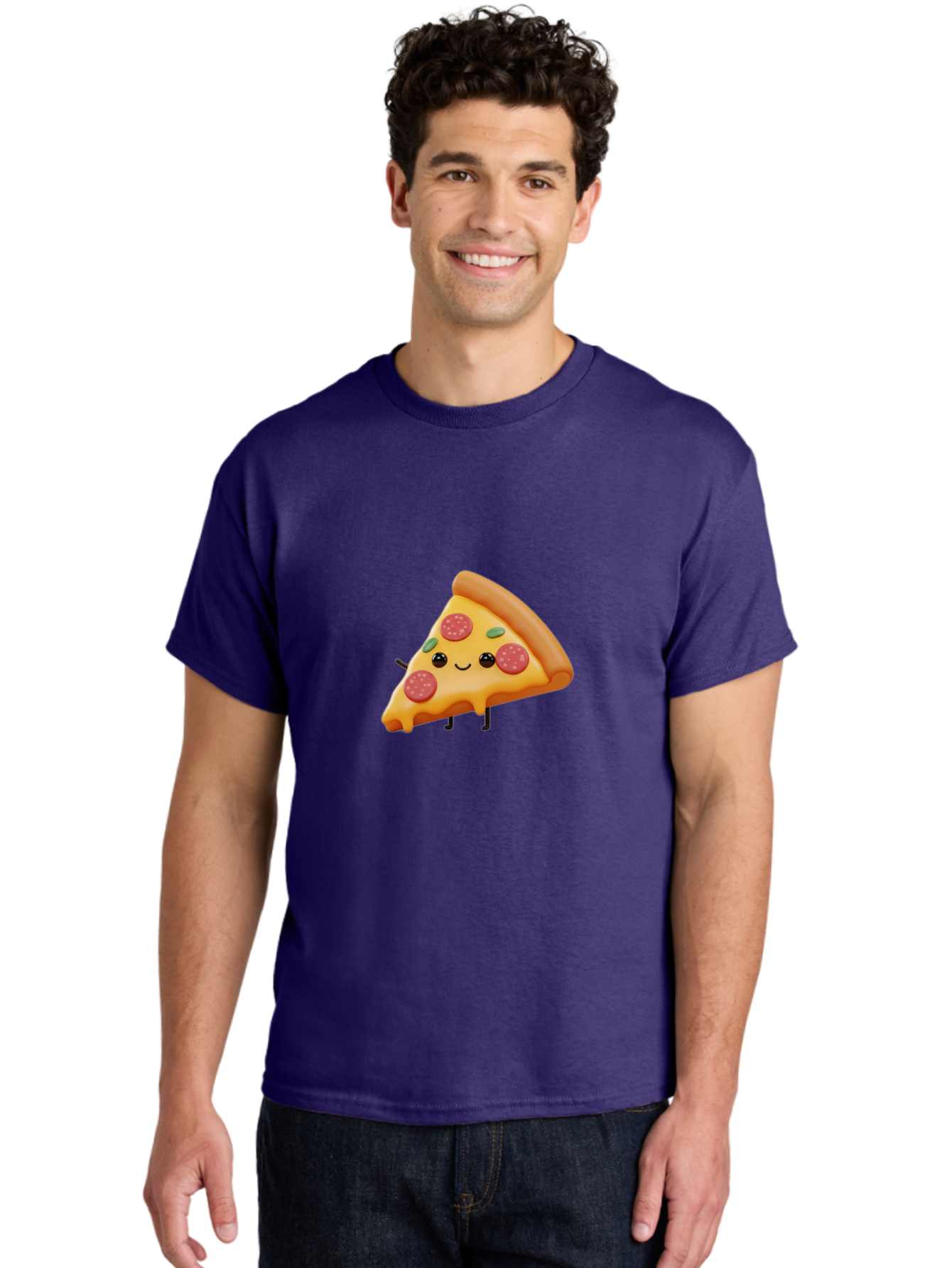 Smiling-Pizza-Slice Men'S Graphic Tee, 100% Cotton, Comfortable Casual Summer Wear, Machine Washable, Pepperoni Pizza Slice, Cartoon Character, Cheesy Goodness, Melted Cheese, Green Olives, Funny Face, Animated Food, Cartoon Pizza Bac430