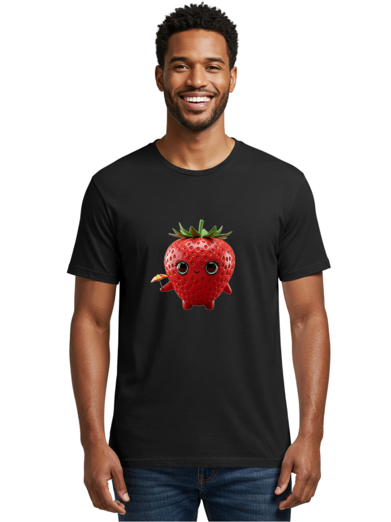 Smiling-Strawberry-1 Men'S Graphic Tee, 100% Cotton, Comfortable Casual Summer Wear, Machine Washable, Cartoon Strawberry Character, Smiling Face, Cute And Playful, Holding A Red And Yellow Umbrella, Kawaii Fruit, Adorable Animation, Bac431