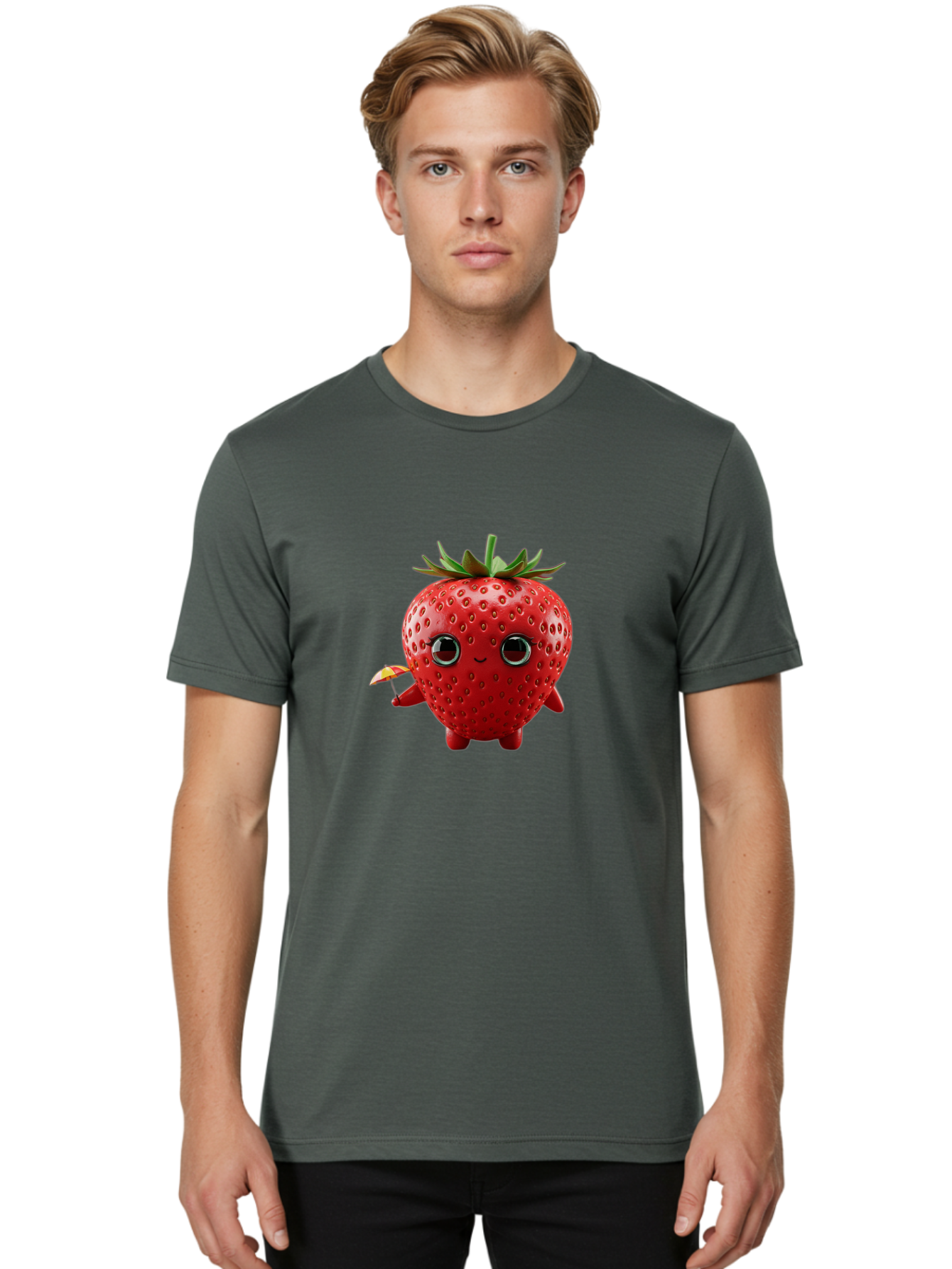 Smiling-Strawberry-1 Men'S Graphic Tee, 100% Cotton, Comfortable Casual Summer Wear, Machine Washable, Cartoon Strawberry Character, Smiling Face, Cute And Playful, Holding A Red And Yellow Umbrella, Kawaii Fruit, Adorable Animation, Bac431