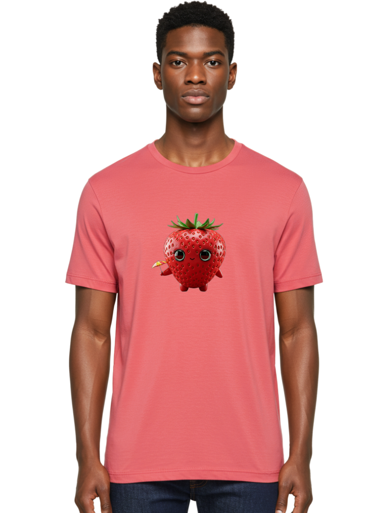 Smiling-Strawberry-1 Men'S Graphic Tee, 100% Cotton, Comfortable Casual Summer Wear, Machine Washable, Cartoon Strawberry Character, Smiling Face, Cute And Playful, Holding A Red And Yellow Umbrella, Kawaii Fruit, Adorable Animation, Bac431