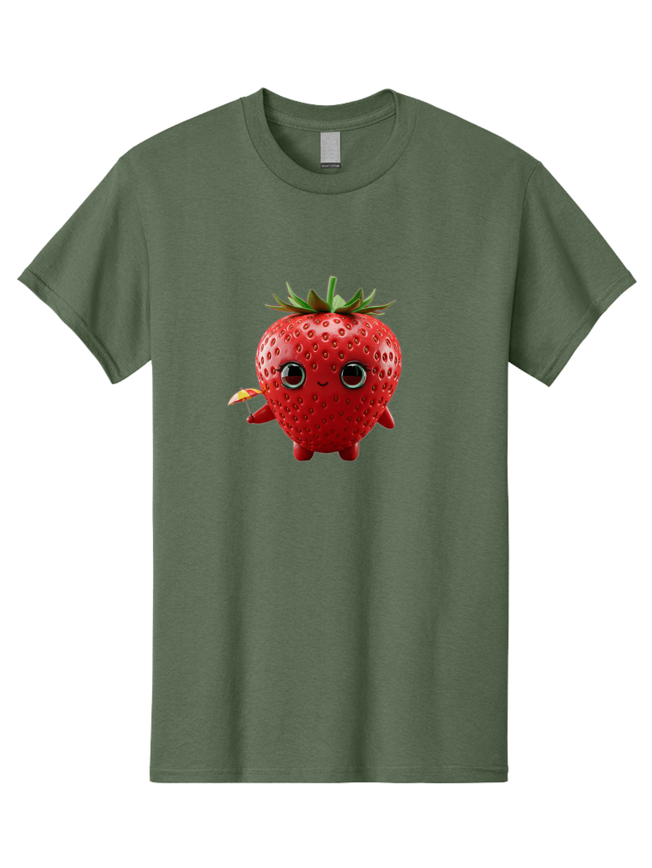 Smiling-Strawberry-1 Men'S Graphic Tee, 100% Cotton, Comfortable Casual Summer Wear, Machine Washable, Cartoon Strawberry Character, Smiling Face, Cute And Playful, Holding A Red And Yellow Umbrella, Kawaii Fruit, Adorable Animation, Bac431