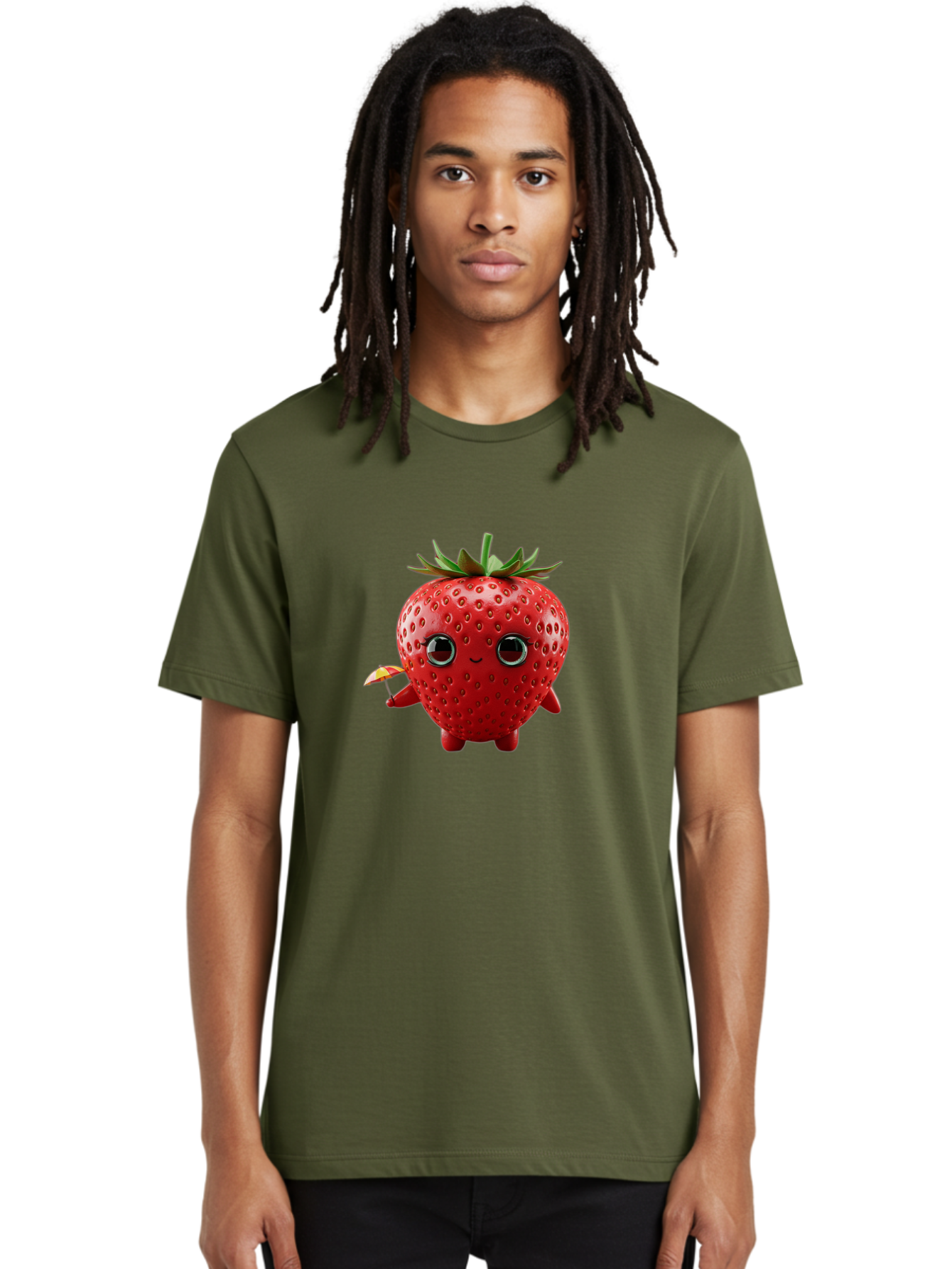 Smiling-Strawberry-1 Men'S Graphic Tee, 100% Cotton, Comfortable Casual Summer Wear, Machine Washable, Cartoon Strawberry Character, Smiling Face, Cute And Playful, Holding A Red And Yellow Umbrella, Kawaii Fruit, Adorable Animation, Bac431