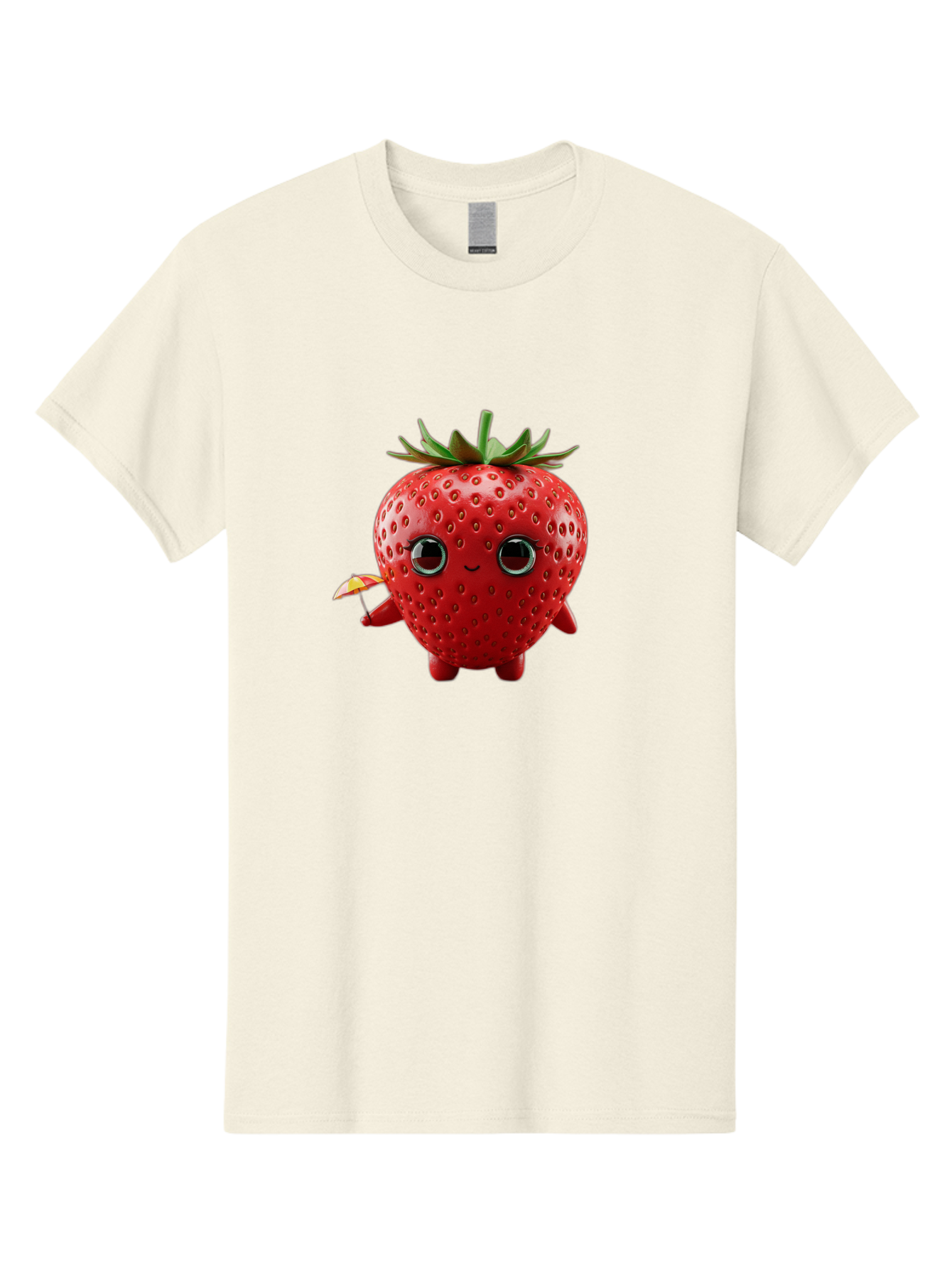 Smiling-Strawberry-1 Men'S Graphic Tee, 100% Cotton, Comfortable Casual Summer Wear, Machine Washable, Cartoon Strawberry Character, Smiling Face, Cute And Playful, Holding A Red And Yellow Umbrella, Kawaii Fruit, Adorable Animation, Bac431