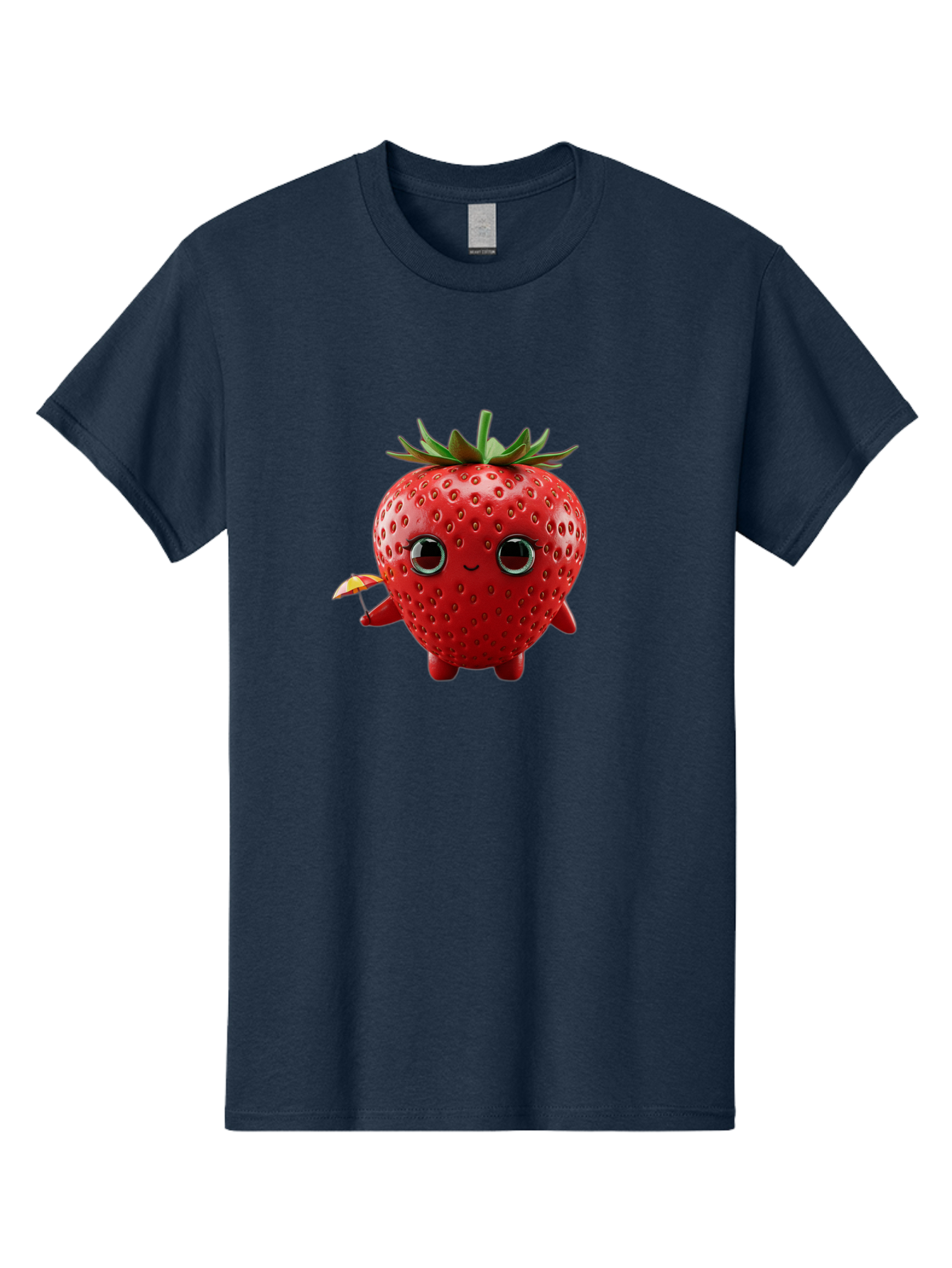 Smiling-Strawberry-1 Men'S Graphic Tee, 100% Cotton, Comfortable Casual Summer Wear, Machine Washable, Cartoon Strawberry Character, Smiling Face, Cute And Playful, Holding A Red And Yellow Umbrella, Kawaii Fruit, Adorable Animation, Bac431