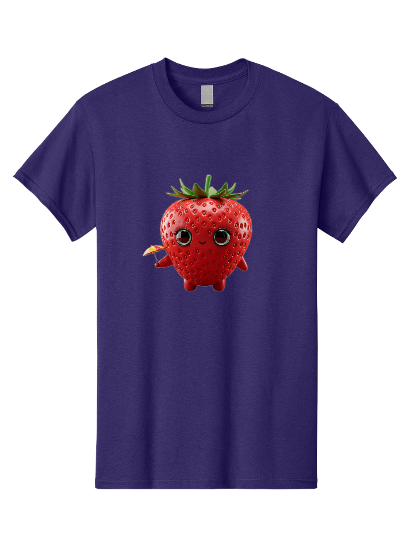 Smiling-Strawberry-1 Men'S Graphic Tee, 100% Cotton, Comfortable Casual Summer Wear, Machine Washable, Cartoon Strawberry Character, Smiling Face, Cute And Playful, Holding A Red And Yellow Umbrella, Kawaii Fruit, Adorable Animation, Bac431