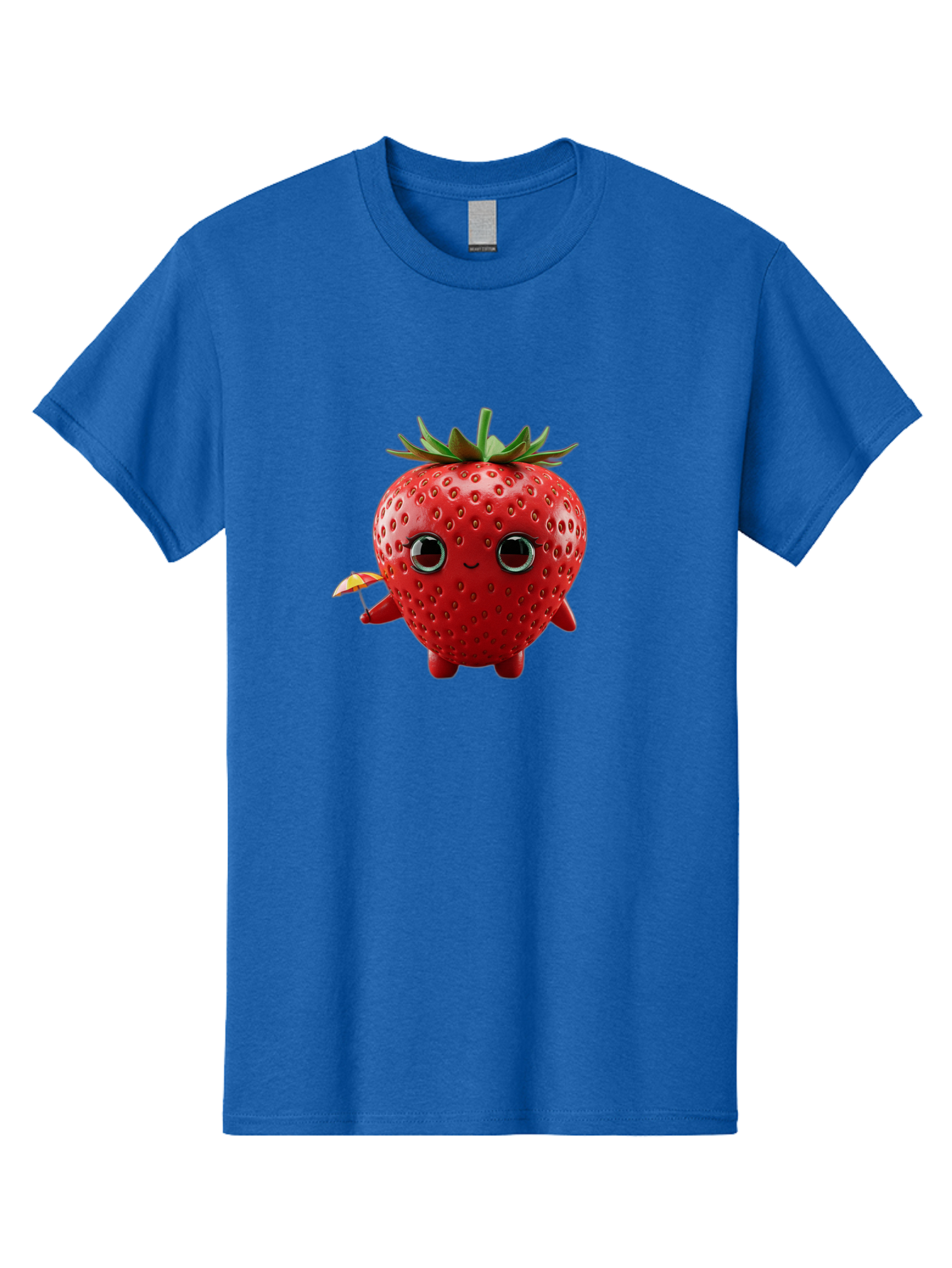 Smiling-Strawberry-1 Men'S Graphic Tee, 100% Cotton, Comfortable Casual Summer Wear, Machine Washable, Cartoon Strawberry Character, Smiling Face, Cute And Playful, Holding A Red And Yellow Umbrella, Kawaii Fruit, Adorable Animation, Bac431