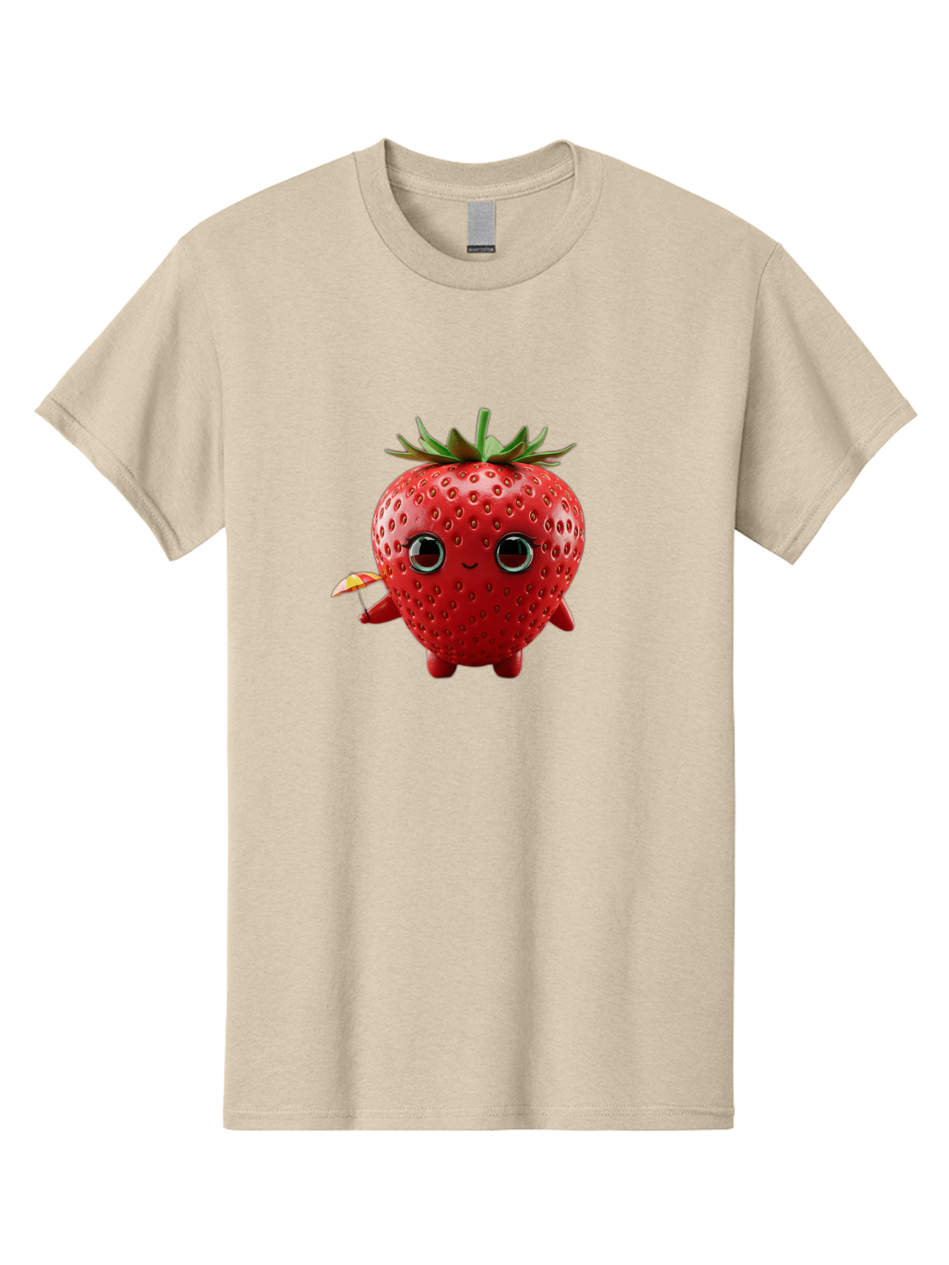 Smiling-Strawberry-1 Men'S Graphic Tee, 100% Cotton, Comfortable Casual Summer Wear, Machine Washable, Cartoon Strawberry Character, Smiling Face, Cute And Playful, Holding A Red And Yellow Umbrella, Kawaii Fruit, Adorable Animation, Bac431