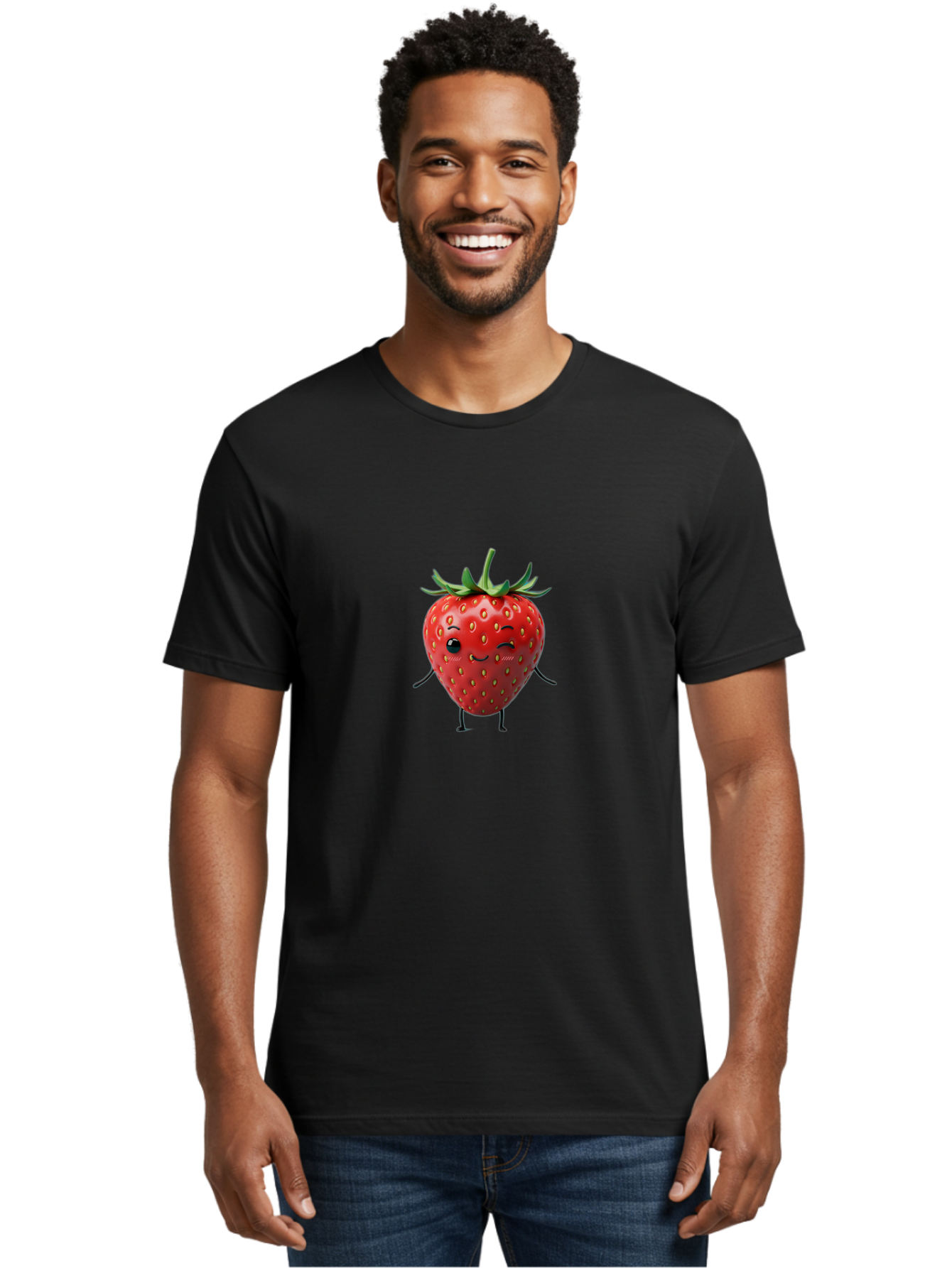 Smiling-Strawberry Men'S Graphic Tee, 100% Cotton, Comfortable Casual Summer Wear, Machine Washable, Cartoon Strawberry, Cute Fruit Character, Winking Face, Whimsical Design, Playful Personality, Sweet Illustration, Fun And Quirky, Bac432