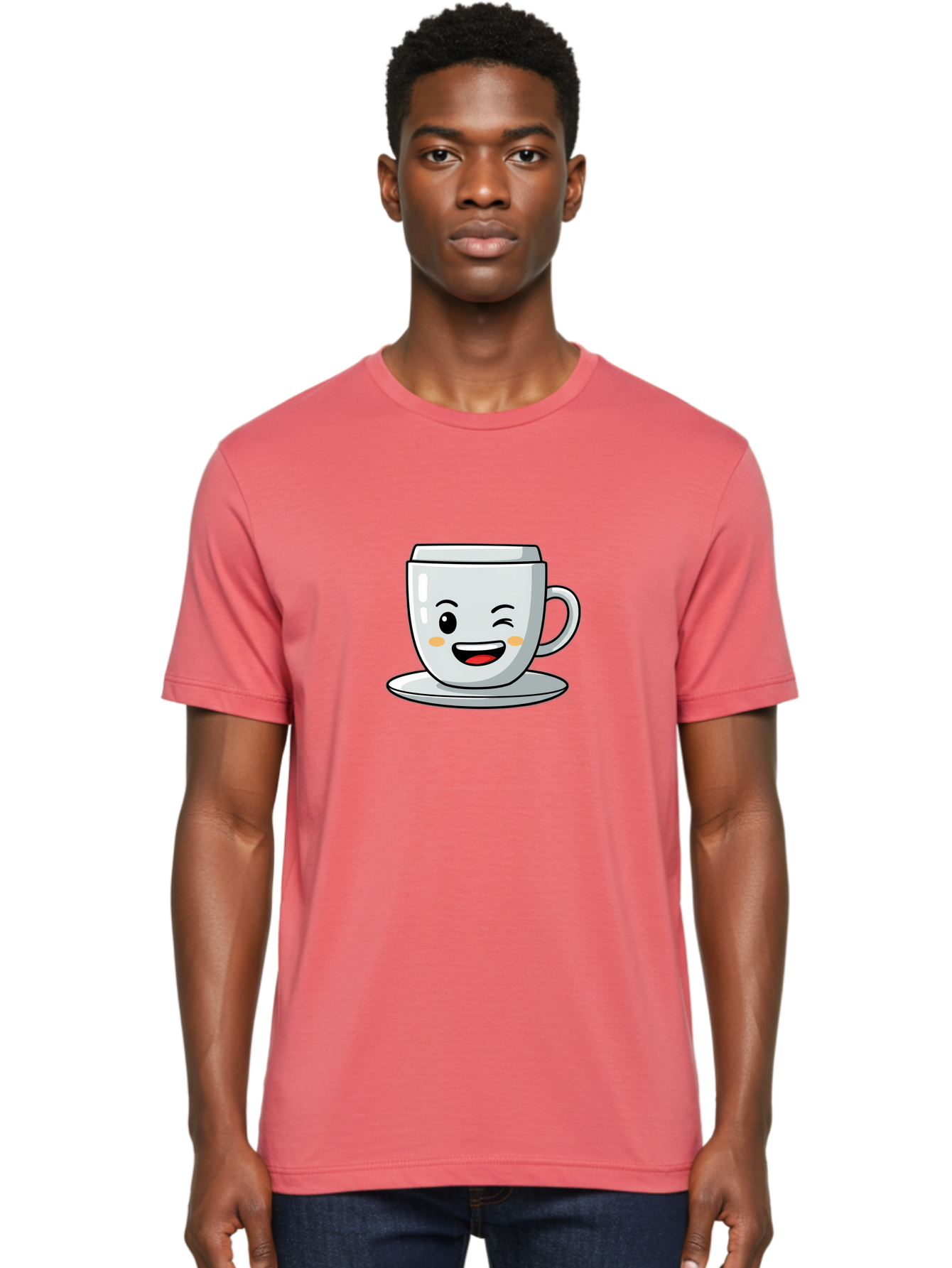 Smiling-Tea-Cup Men'S Graphic Tee, 100% Cotton, Comfortable Casual Summer Wear, Machine Washable, Cartoon Coffee Cup, Smiling Face, Happy Expression, Winking Eye, Red Lips, Kawaii Character, Tea Time, Morning Coffee Bac433