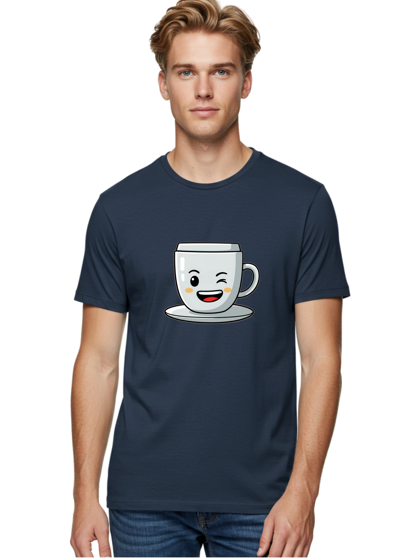 Smiling-Tea-Cup Men'S Graphic Tee, 100% Cotton, Comfortable Casual Summer Wear, Machine Washable, Cartoon Coffee Cup, Smiling Face, Happy Expression, Winking Eye, Red Lips, Kawaii Character, Tea Time, Morning Coffee Bac433