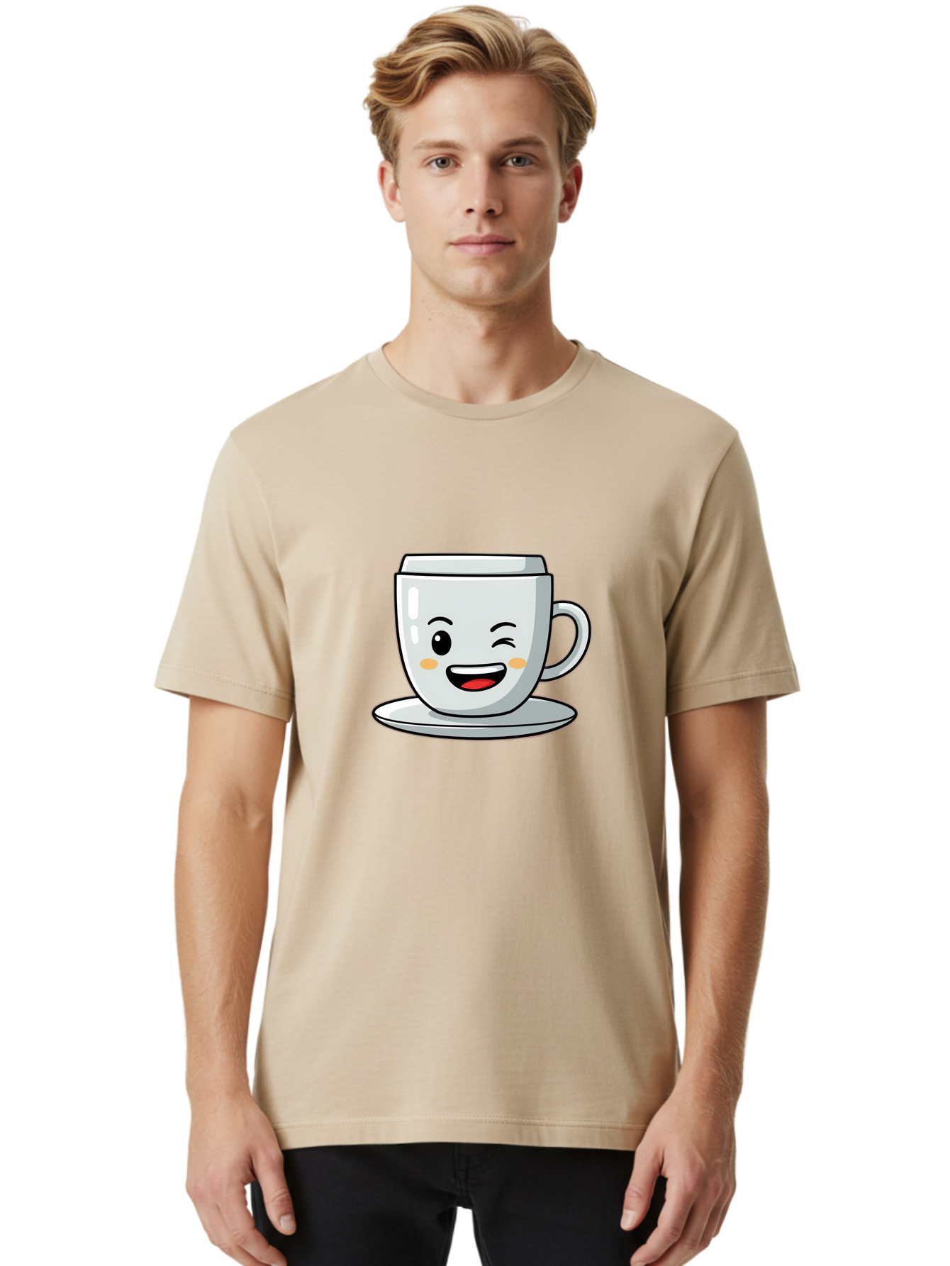 Smiling-Tea-Cup Men'S Graphic Tee, 100% Cotton, Comfortable Casual Summer Wear, Machine Washable, Cartoon Coffee Cup, Smiling Face, Happy Expression, Winking Eye, Red Lips, Kawaii Character, Tea Time, Morning Coffee Bac433