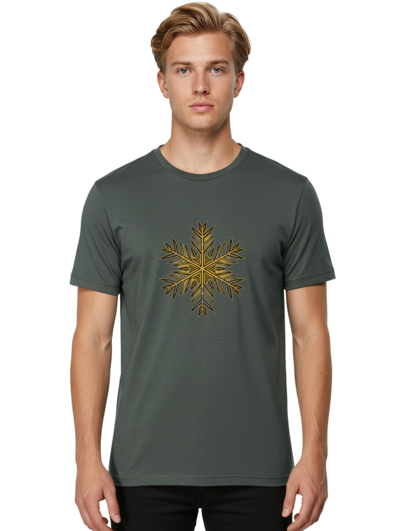 Snowflake-1 Men'S Graphic Tee, 100% Cotton, Comfortable Casual Summer Wear, Machine Washable, Snowflake, Intricate Design, Delicate Patterns, Winter Wonder, Festive Decorations, Symmetrical Shape, Golden Hues, Black Outlines, Frosty Details Bac434