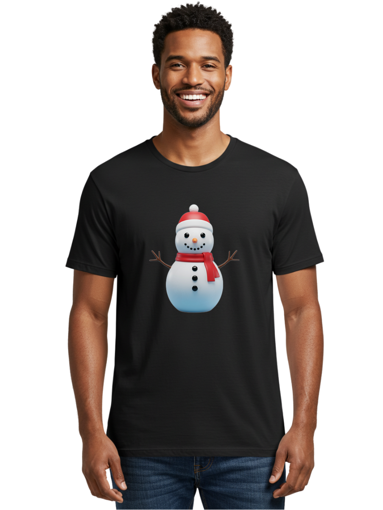 Snowman-1 Men'S Graphic Tee, 100% Cotton, Comfortable Casual Summer Wear, Machine Washable, 3D Snowman, Winter Character, Festive Holiday, Red Scarf, Santa Hat, Cartoon Style, Smiling Face, Stick Arms, Black Buttons, Orange Nose, Bac437
