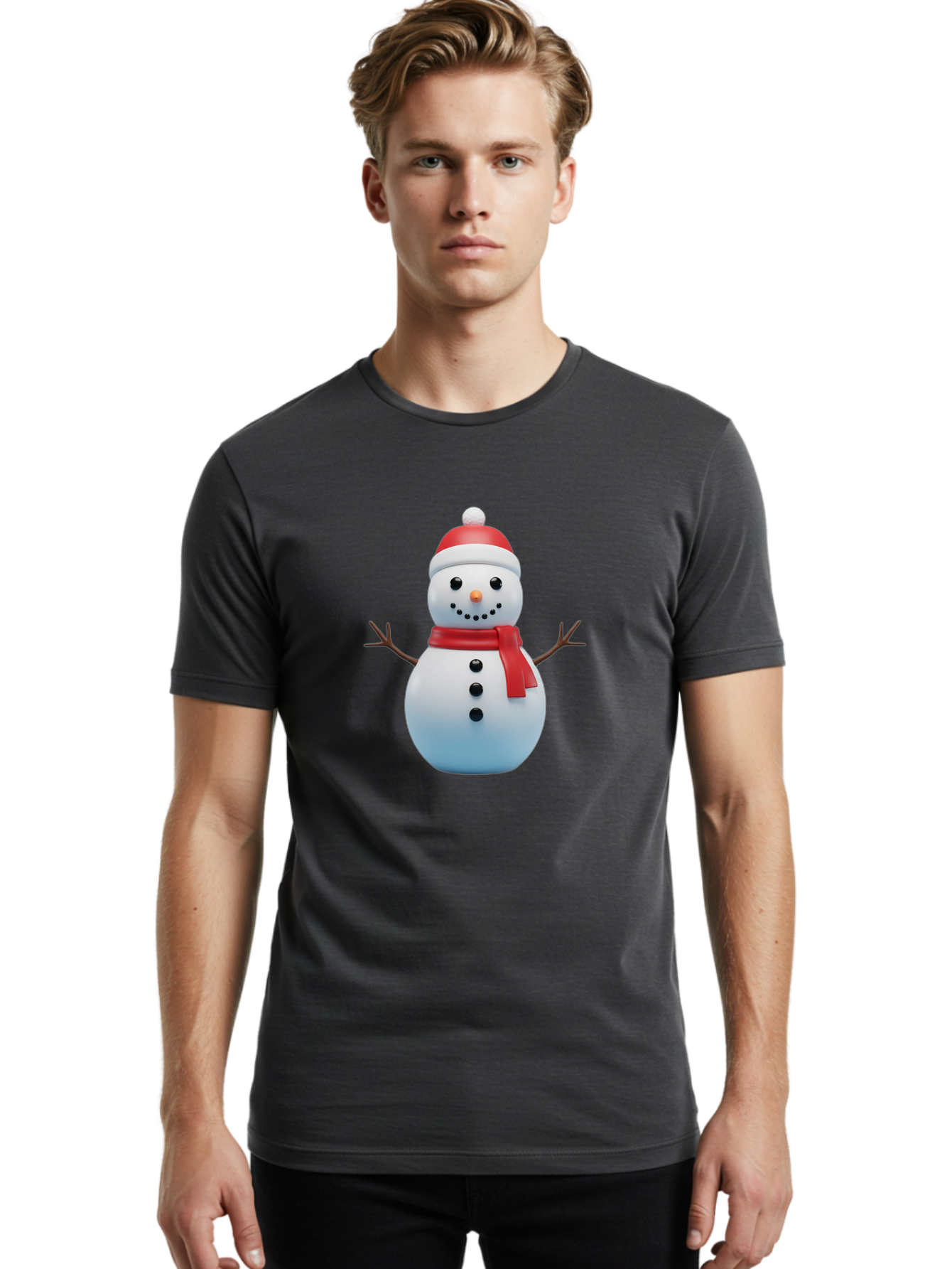 Snowman-1 Men'S Graphic Tee, 100% Cotton, Comfortable Casual Summer Wear, Machine Washable, 3D Snowman, Winter Character, Festive Holiday, Red Scarf, Santa Hat, Cartoon Style, Smiling Face, Stick Arms, Black Buttons, Orange Nose, Bac437