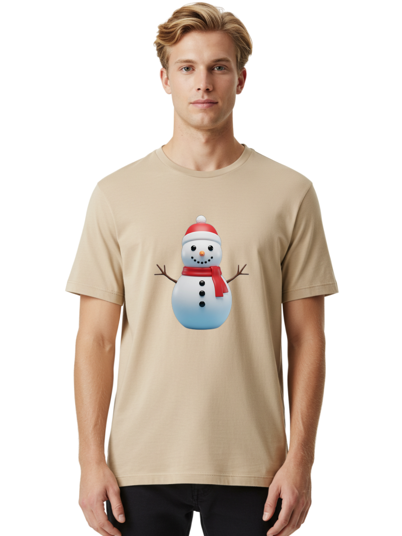 Snowman-1 Men'S Graphic Tee, 100% Cotton, Comfortable Casual Summer Wear, Machine Washable, 3D Snowman, Winter Character, Festive Holiday, Red Scarf, Santa Hat, Cartoon Style, Smiling Face, Stick Arms, Black Buttons, Orange Nose, Bac437