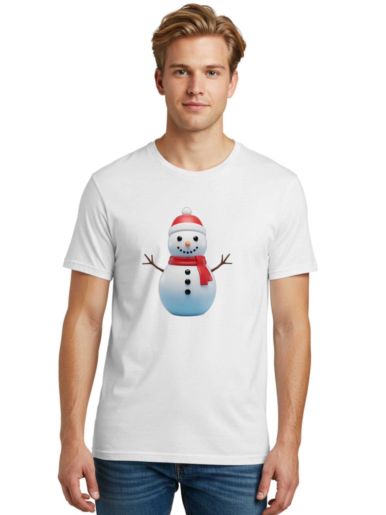 Snowman-1 Men'S Graphic Tee, 100% Cotton, Comfortable Casual Summer Wear, Machine Washable, 3D Snowman, Winter Character, Festive Holiday, Red Scarf, Santa Hat, Cartoon Style, Smiling Face, Stick Arms, Black Buttons, Orange Nose, Bac437