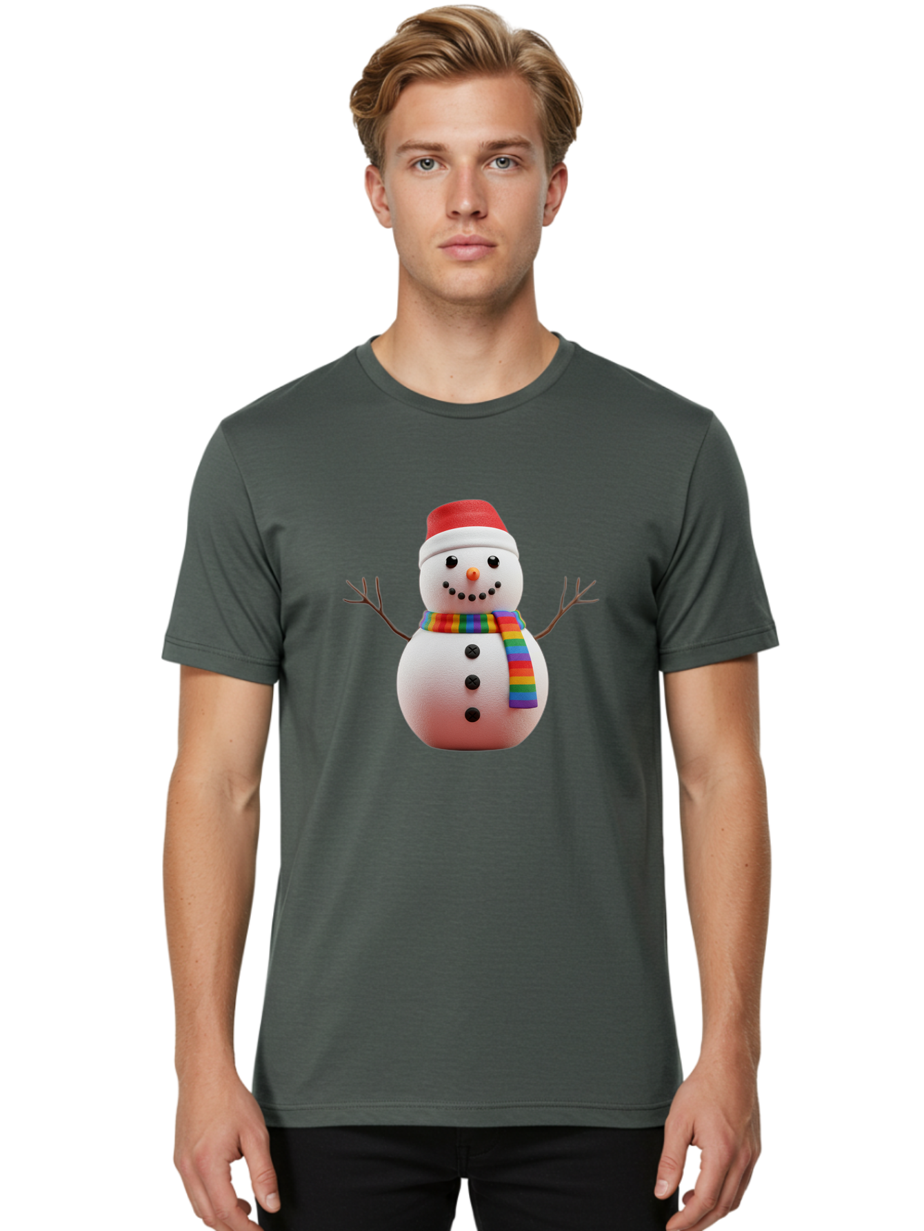 Snowman-2 Men'S Graphic Tee, 100% Cotton, Comfortable Casual Summer Wear, Machine Washable, Snowman With Rainbow Scarf, Christmas Decoration, Winter Wonderland, Festive Character, Holiday Cheer, Colorful Snowman, Winter Scene, Fun Snowman, Bac438