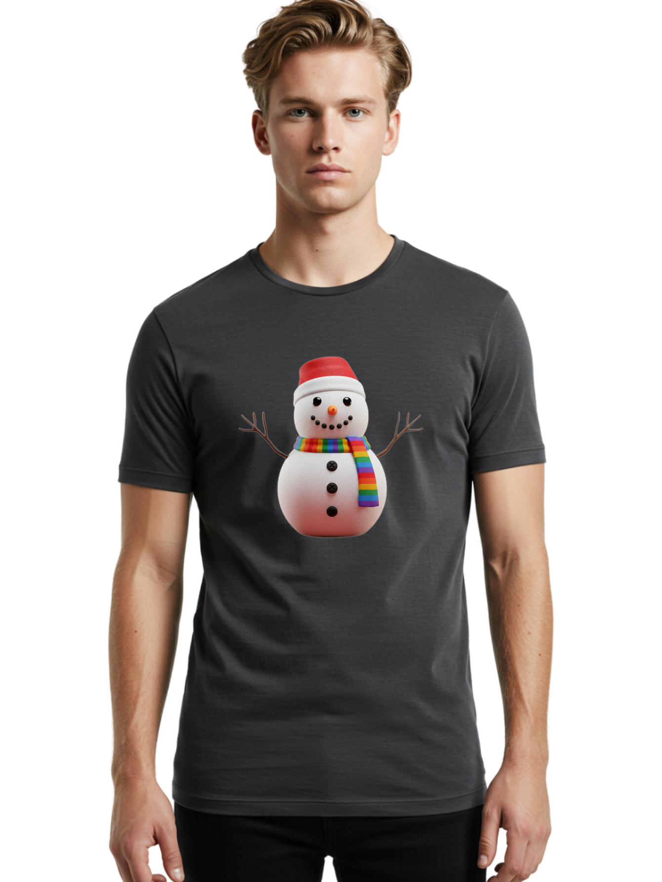 Snowman-2 Men'S Graphic Tee, 100% Cotton, Comfortable Casual Summer Wear, Machine Washable, Snowman With Rainbow Scarf, Christmas Decoration, Winter Wonderland, Festive Character, Holiday Cheer, Colorful Snowman, Winter Scene, Fun Snowman, Bac438