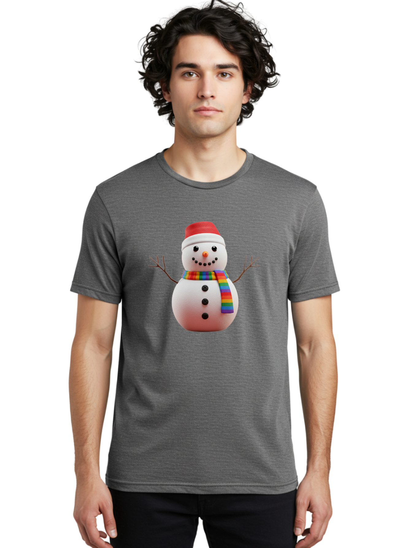 Snowman-2 Men'S Graphic Tee, 100% Cotton, Comfortable Casual Summer Wear, Machine Washable, Snowman With Rainbow Scarf, Christmas Decoration, Winter Wonderland, Festive Character, Holiday Cheer, Colorful Snowman, Winter Scene, Fun Snowman, Bac438