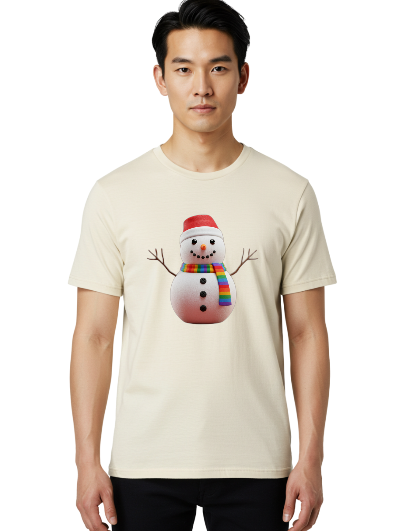 Snowman-2 Men'S Graphic Tee, 100% Cotton, Comfortable Casual Summer Wear, Machine Washable, Snowman With Rainbow Scarf, Christmas Decoration, Winter Wonderland, Festive Character, Holiday Cheer, Colorful Snowman, Winter Scene, Fun Snowman, Bac438