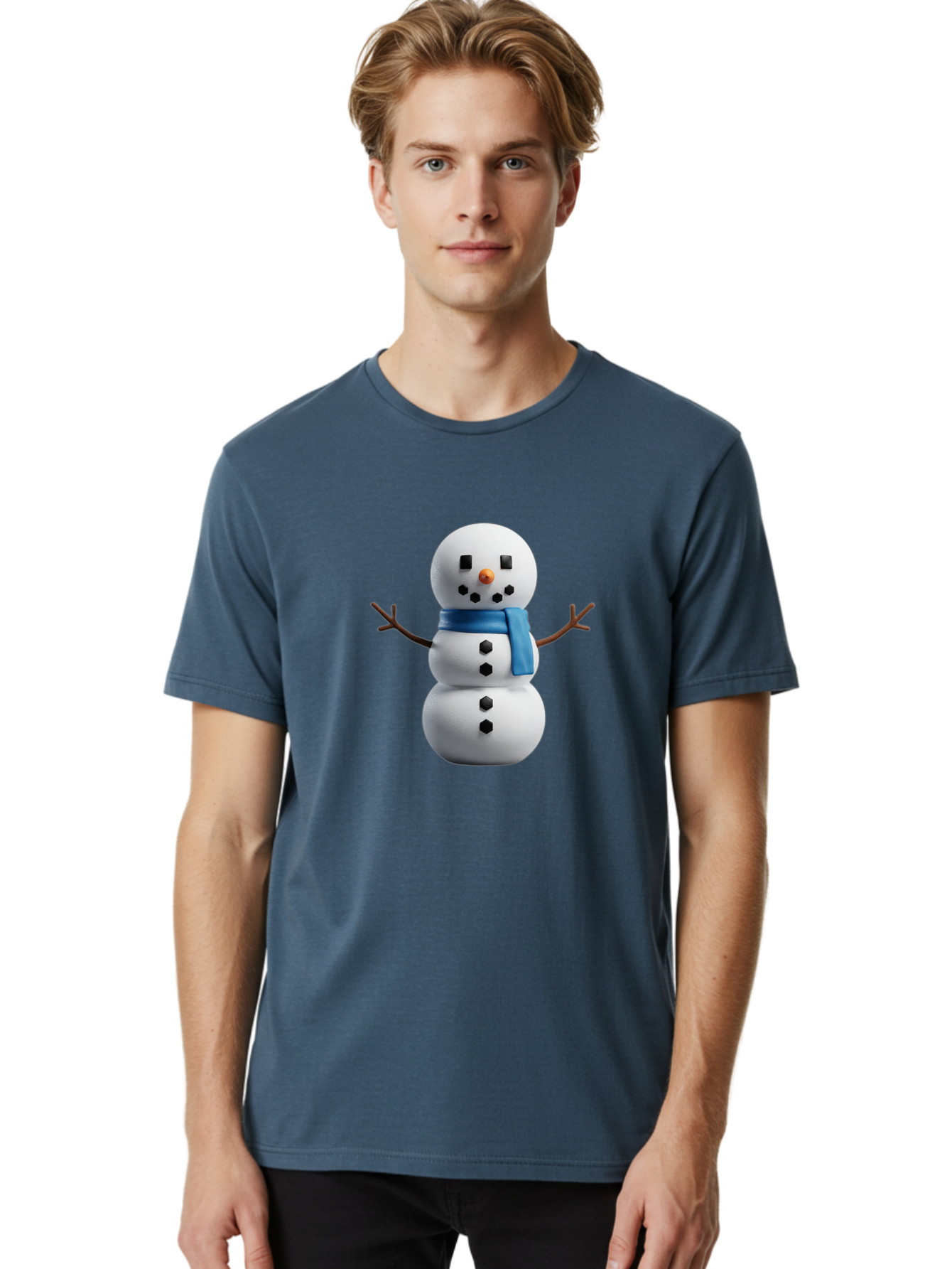 Snowman-3 Men'S Graphic Tee, 100% Cotton, Comfortable Casual Summer Wear, Machine Washable, Snowman With Blue Scarf, Winter Wonderland, Festive Season, Christmas Character, Snow Figure, Holiday Icon, 3D Snowman, Winter Decoration, Bac439