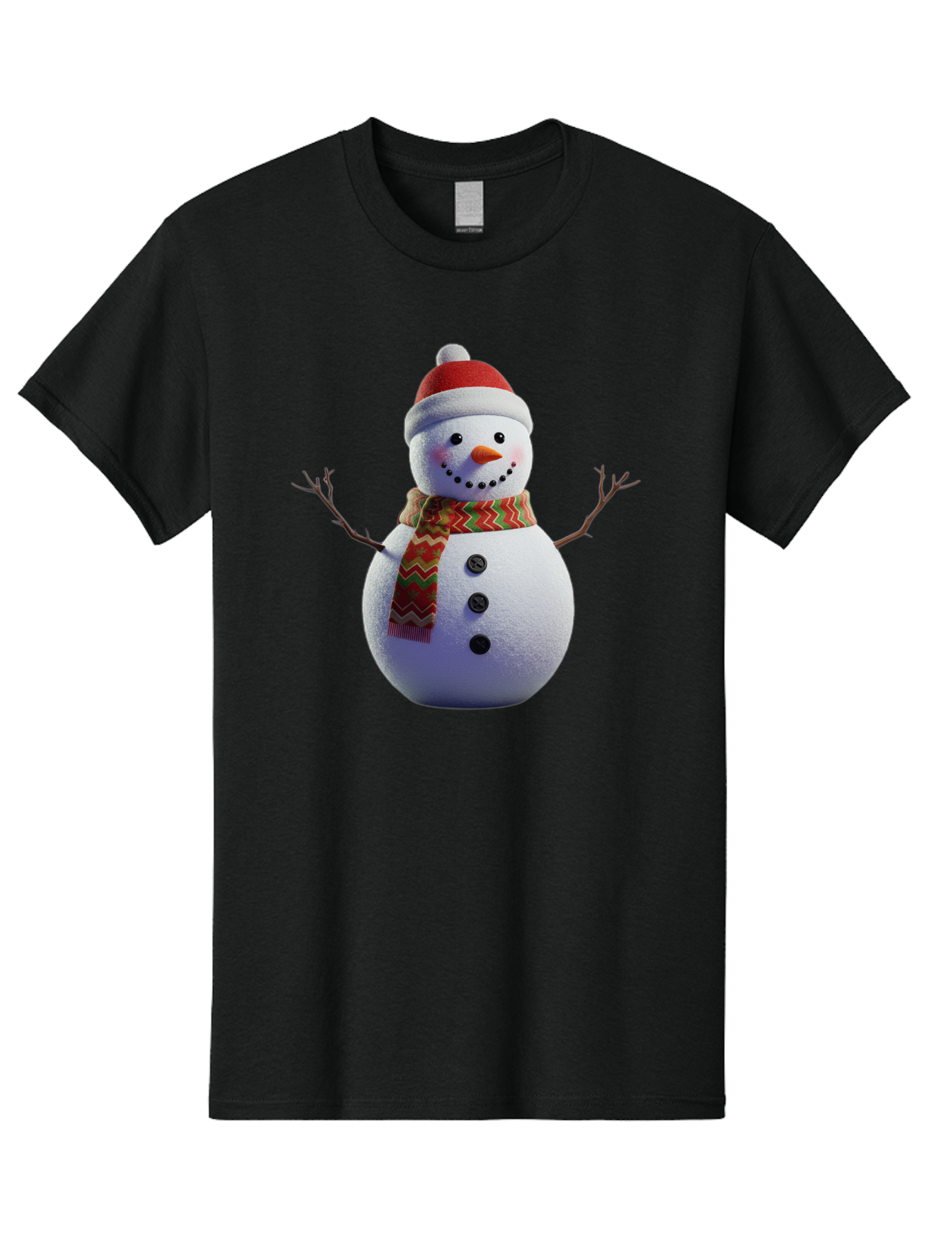 Snowman-4 Men'S Graphic Tee, 100% Cotton, Comfortable Casual Summer Wear, Machine Washable, Snowman Wearing Santa Hat, Red And Green Chevron Scarf, Three Black Buttons, Carrot Nose, Rosy Cheeks, Winter Wonderland, Festive Holiday Scene, Bac440
