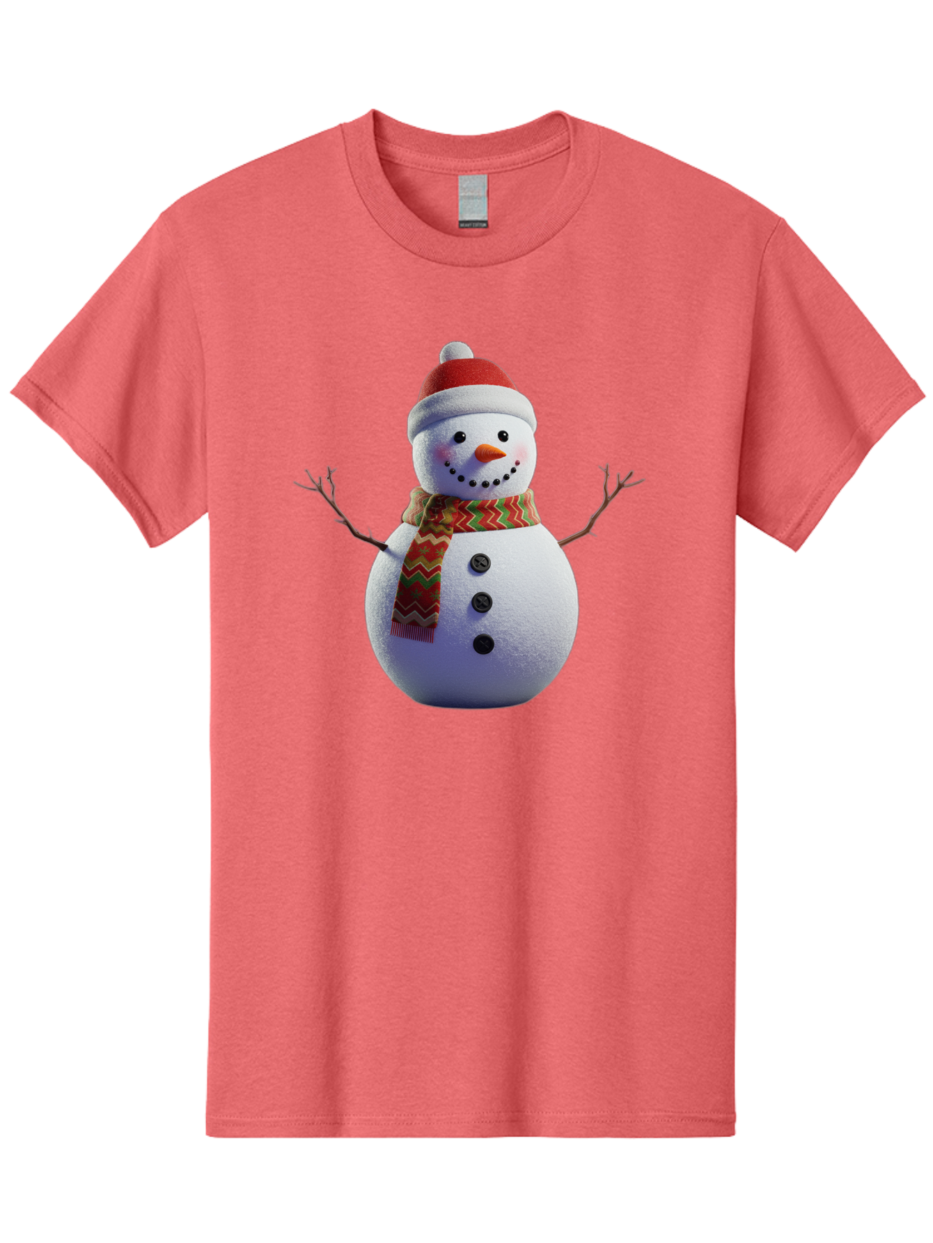 Snowman-4 Men'S Graphic Tee, 100% Cotton, Comfortable Casual Summer Wear, Machine Washable, Snowman Wearing Santa Hat, Red And Green Chevron Scarf, Three Black Buttons, Carrot Nose, Rosy Cheeks, Winter Wonderland, Festive Holiday Scene, Bac440