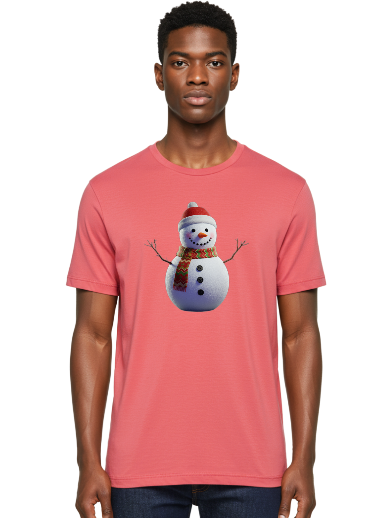 Snowman-4 Men'S Graphic Tee, 100% Cotton, Comfortable Casual Summer Wear, Machine Washable, Snowman Wearing Santa Hat, Red And Green Chevron Scarf, Three Black Buttons, Carrot Nose, Rosy Cheeks, Winter Wonderland, Festive Holiday Scene, Bac440