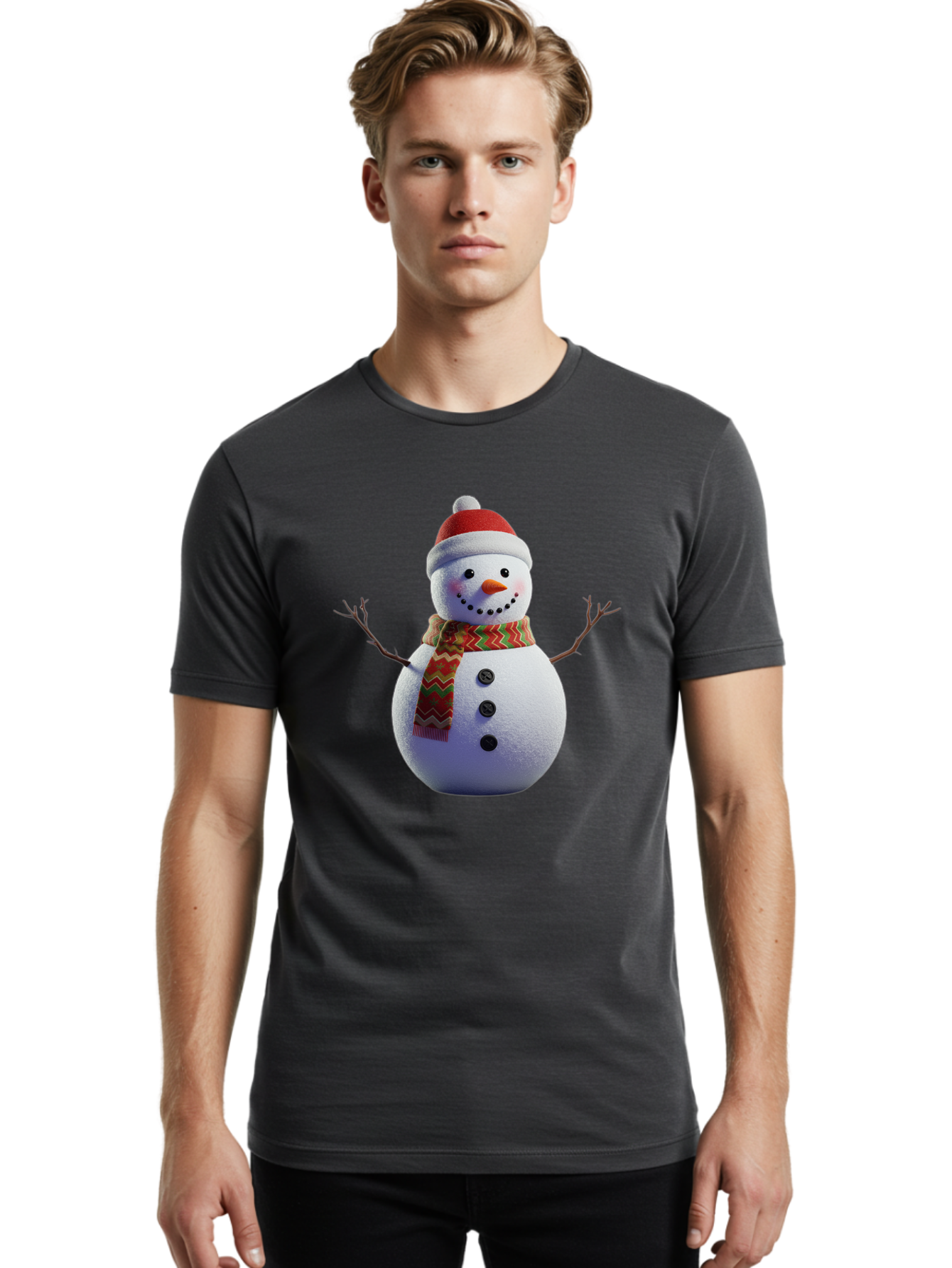 Snowman-4 Men'S Graphic Tee, 100% Cotton, Comfortable Casual Summer Wear, Machine Washable, Snowman Wearing Santa Hat, Red And Green Chevron Scarf, Three Black Buttons, Carrot Nose, Rosy Cheeks, Winter Wonderland, Festive Holiday Scene, Bac440