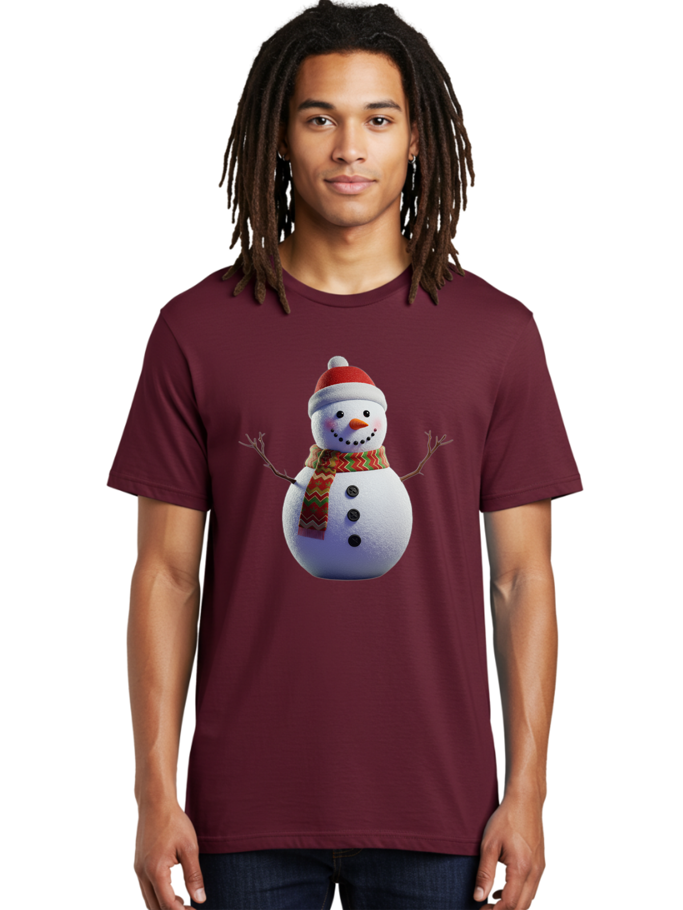 Snowman-4 Men'S Graphic Tee, 100% Cotton, Comfortable Casual Summer Wear, Machine Washable, Snowman Wearing Santa Hat, Red And Green Chevron Scarf, Three Black Buttons, Carrot Nose, Rosy Cheeks, Winter Wonderland, Festive Holiday Scene, Bac440