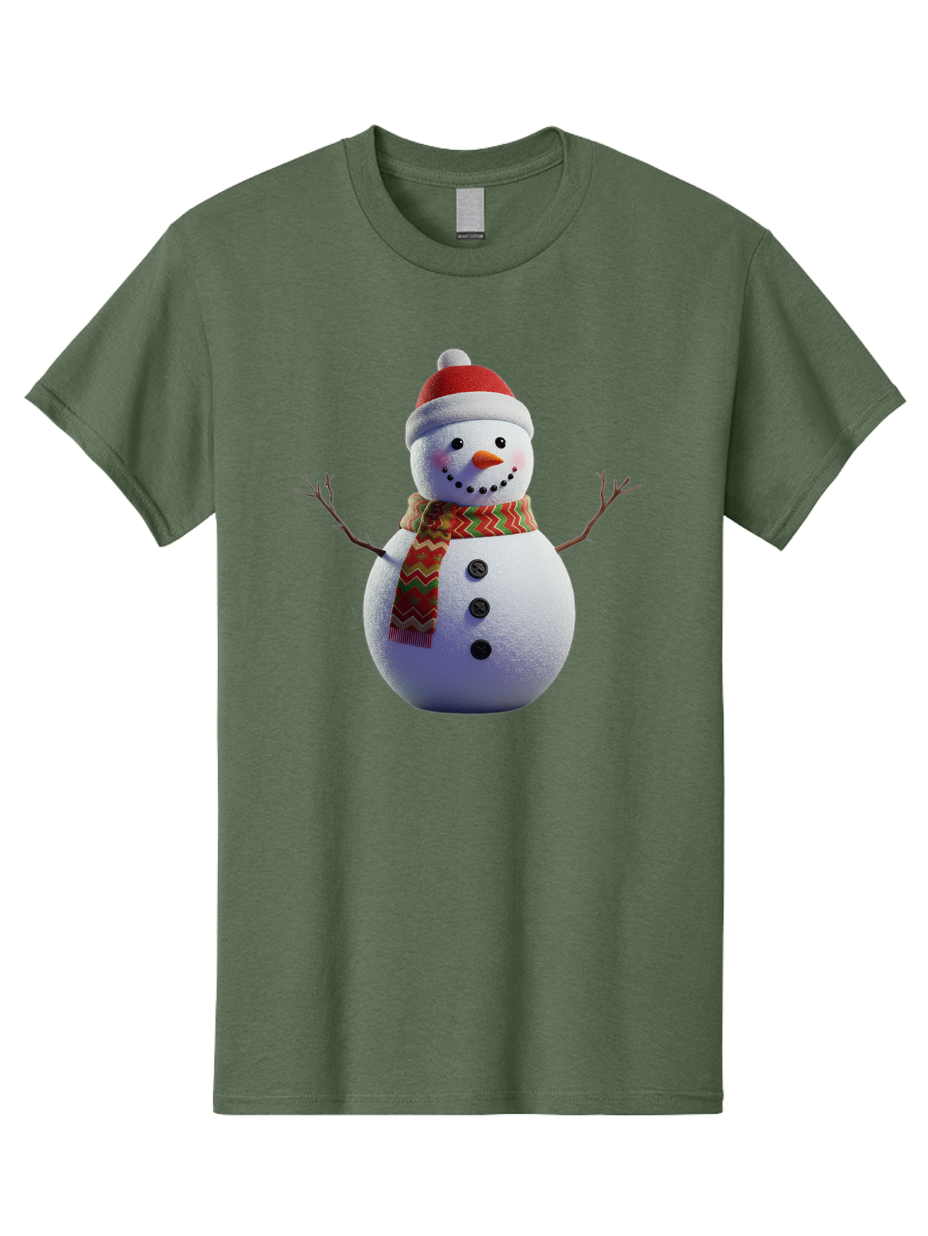 Snowman-4 Men'S Graphic Tee, 100% Cotton, Comfortable Casual Summer Wear, Machine Washable, Snowman Wearing Santa Hat, Red And Green Chevron Scarf, Three Black Buttons, Carrot Nose, Rosy Cheeks, Winter Wonderland, Festive Holiday Scene, Bac440