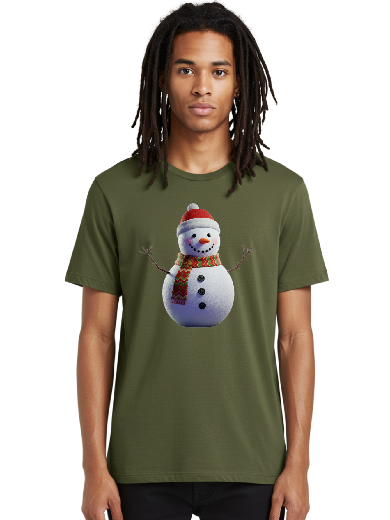 Snowman-4 Men'S Graphic Tee, 100% Cotton, Comfortable Casual Summer Wear, Machine Washable, Snowman Wearing Santa Hat, Red And Green Chevron Scarf, Three Black Buttons, Carrot Nose, Rosy Cheeks, Winter Wonderland, Festive Holiday Scene, Bac440