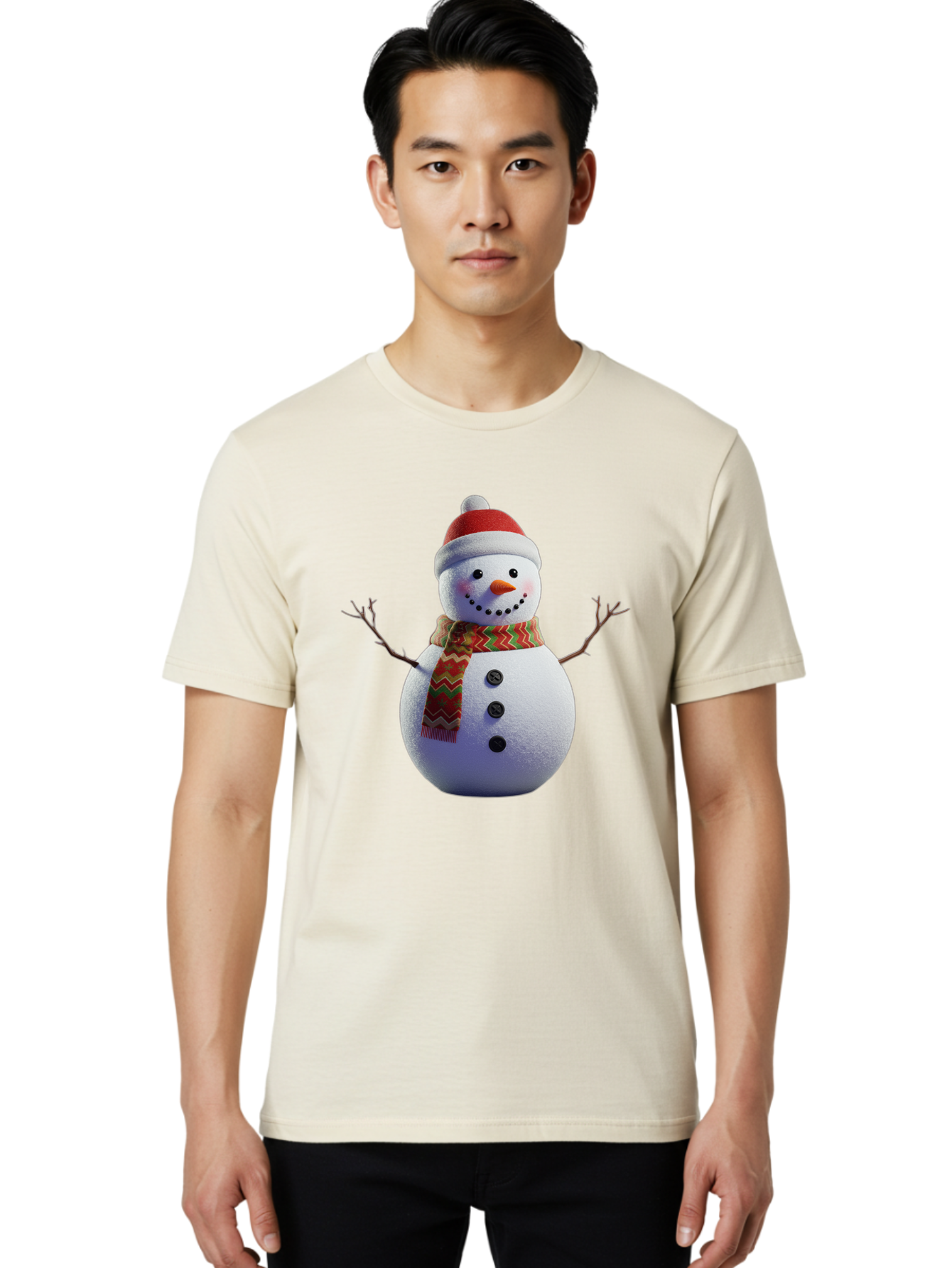Snowman-4 Men'S Graphic Tee, 100% Cotton, Comfortable Casual Summer Wear, Machine Washable, Snowman Wearing Santa Hat, Red And Green Chevron Scarf, Three Black Buttons, Carrot Nose, Rosy Cheeks, Winter Wonderland, Festive Holiday Scene, Bac440