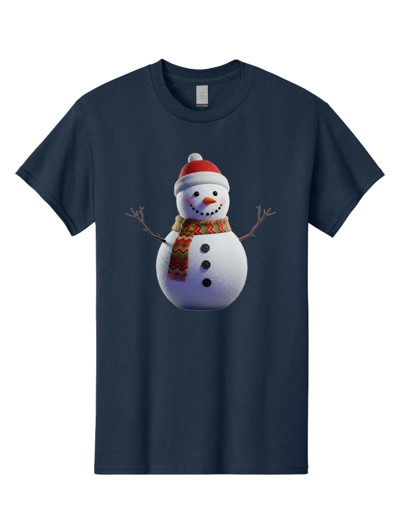 Snowman-4 Men'S Graphic Tee, 100% Cotton, Comfortable Casual Summer Wear, Machine Washable, Snowman Wearing Santa Hat, Red And Green Chevron Scarf, Three Black Buttons, Carrot Nose, Rosy Cheeks, Winter Wonderland, Festive Holiday Scene, Bac440