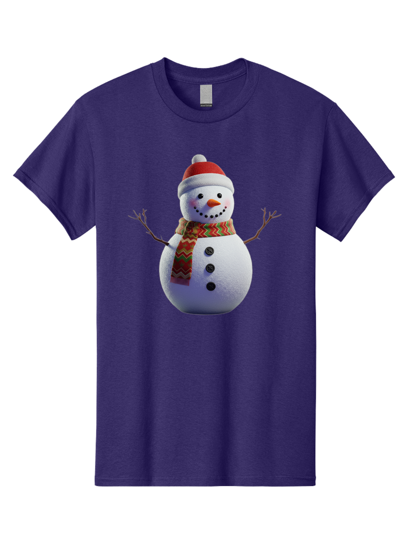 Snowman-4 Men'S Graphic Tee, 100% Cotton, Comfortable Casual Summer Wear, Machine Washable, Snowman Wearing Santa Hat, Red And Green Chevron Scarf, Three Black Buttons, Carrot Nose, Rosy Cheeks, Winter Wonderland, Festive Holiday Scene, Bac440