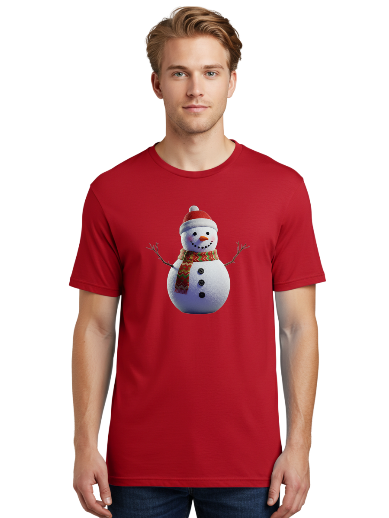Snowman-4 Men'S Graphic Tee, 100% Cotton, Comfortable Casual Summer Wear, Machine Washable, Snowman Wearing Santa Hat, Red And Green Chevron Scarf, Three Black Buttons, Carrot Nose, Rosy Cheeks, Winter Wonderland, Festive Holiday Scene, Bac440