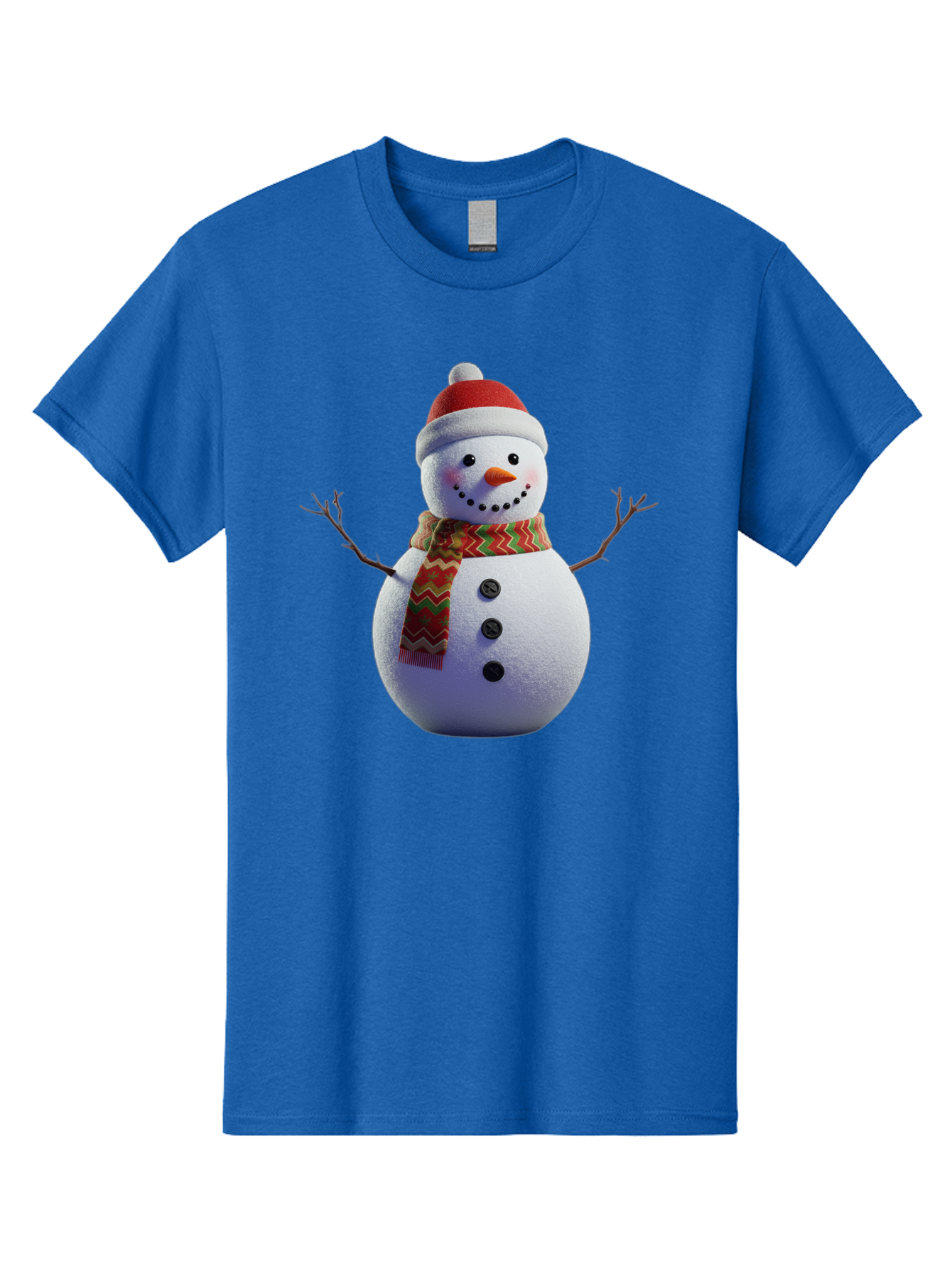 Snowman-4 Men'S Graphic Tee, 100% Cotton, Comfortable Casual Summer Wear, Machine Washable, Snowman Wearing Santa Hat, Red And Green Chevron Scarf, Three Black Buttons, Carrot Nose, Rosy Cheeks, Winter Wonderland, Festive Holiday Scene, Bac440