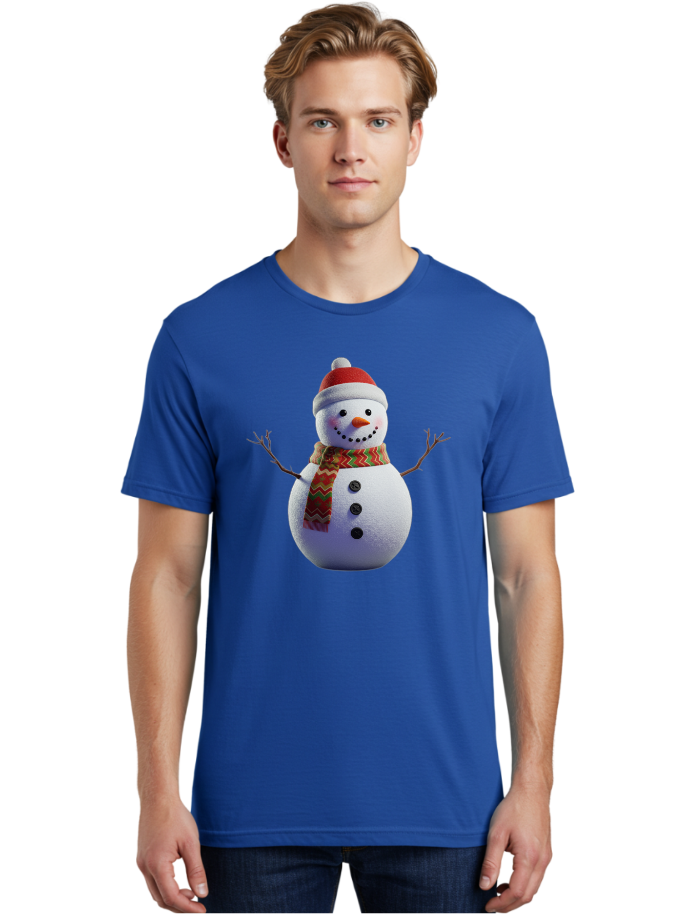 Snowman-4 Men'S Graphic Tee, 100% Cotton, Comfortable Casual Summer Wear, Machine Washable, Snowman Wearing Santa Hat, Red And Green Chevron Scarf, Three Black Buttons, Carrot Nose, Rosy Cheeks, Winter Wonderland, Festive Holiday Scene, Bac440