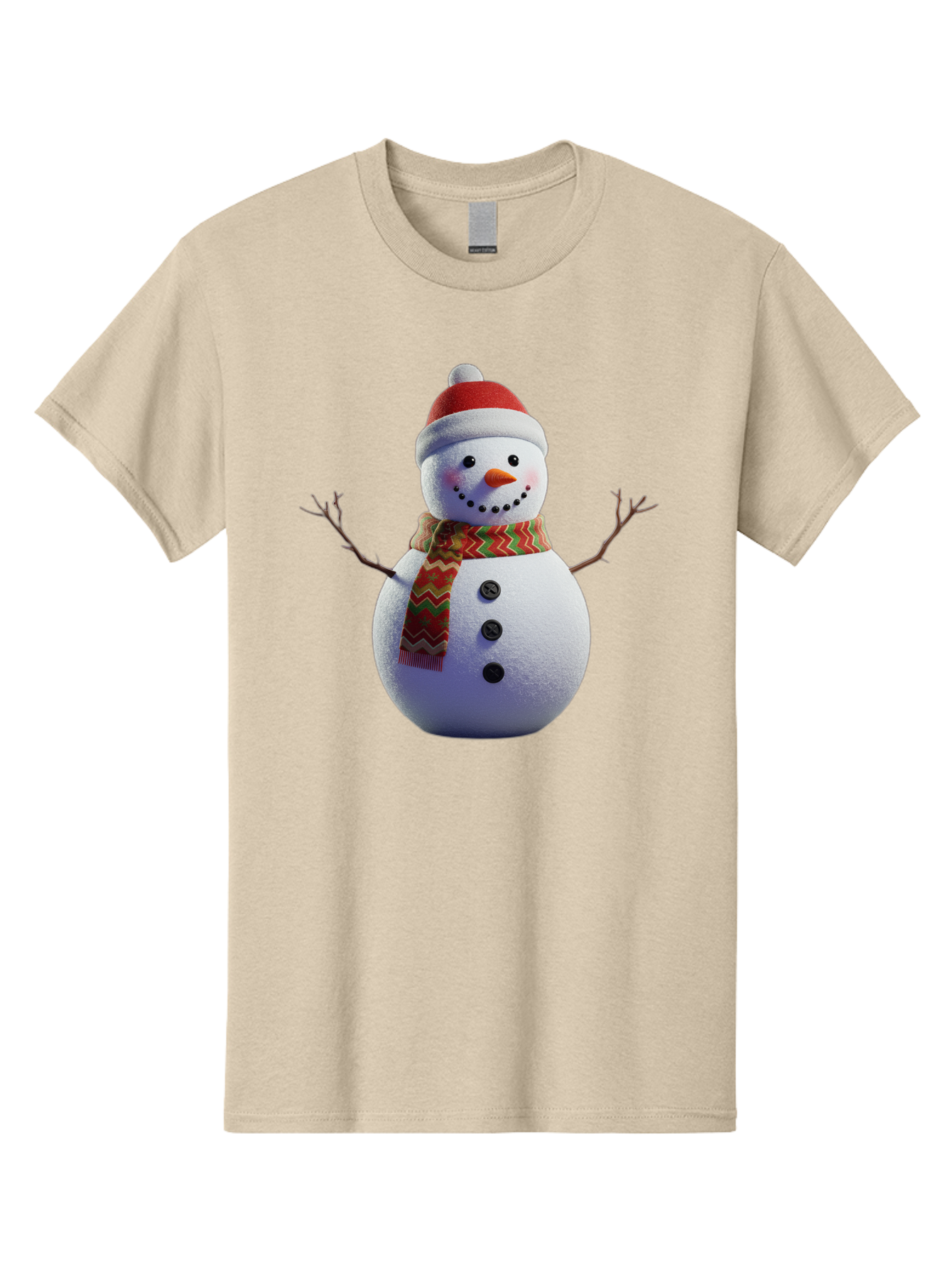 Snowman-4 Men'S Graphic Tee, 100% Cotton, Comfortable Casual Summer Wear, Machine Washable, Snowman Wearing Santa Hat, Red And Green Chevron Scarf, Three Black Buttons, Carrot Nose, Rosy Cheeks, Winter Wonderland, Festive Holiday Scene, Bac440